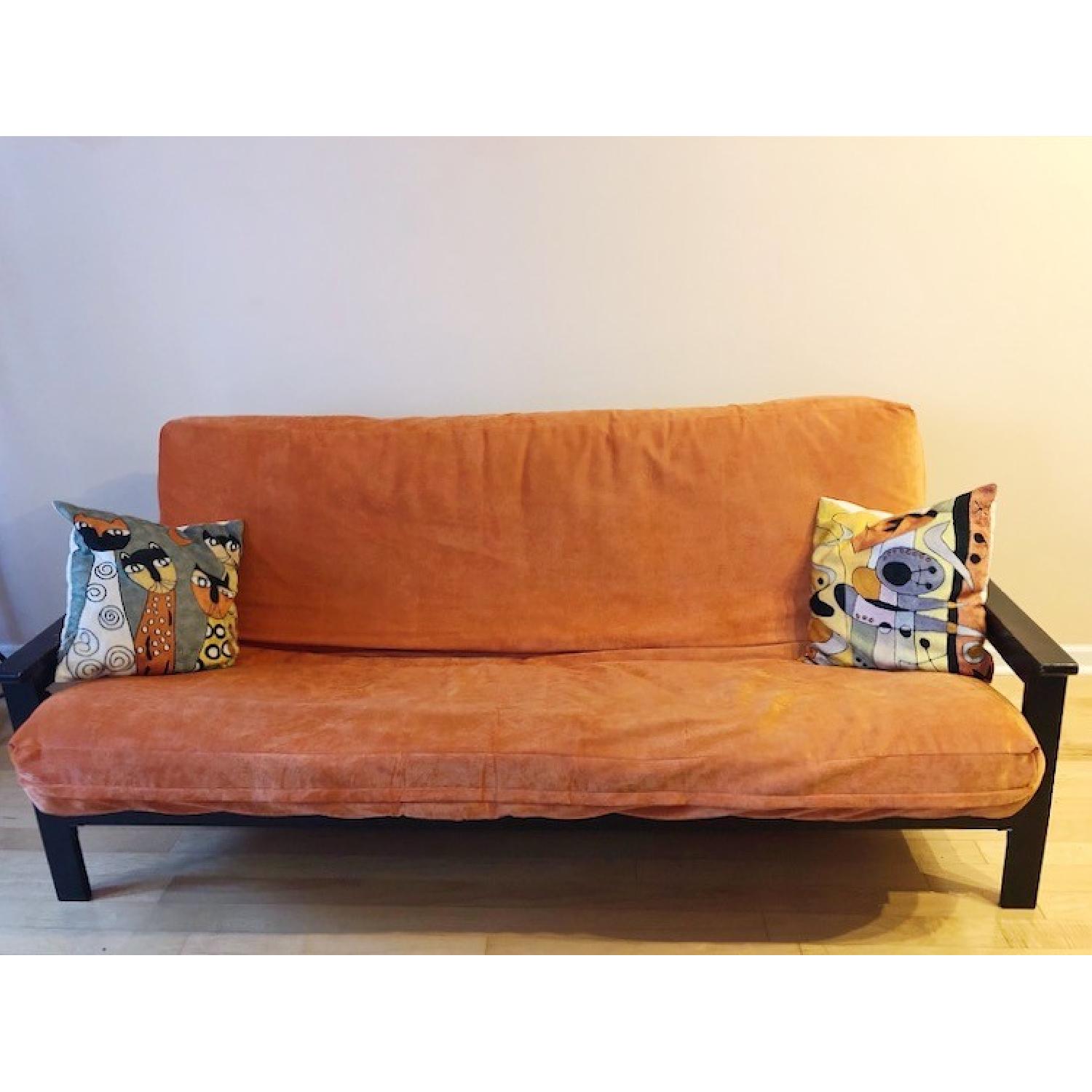 Full Size Futon Sofa w/ Dark Wood Frame - image-1