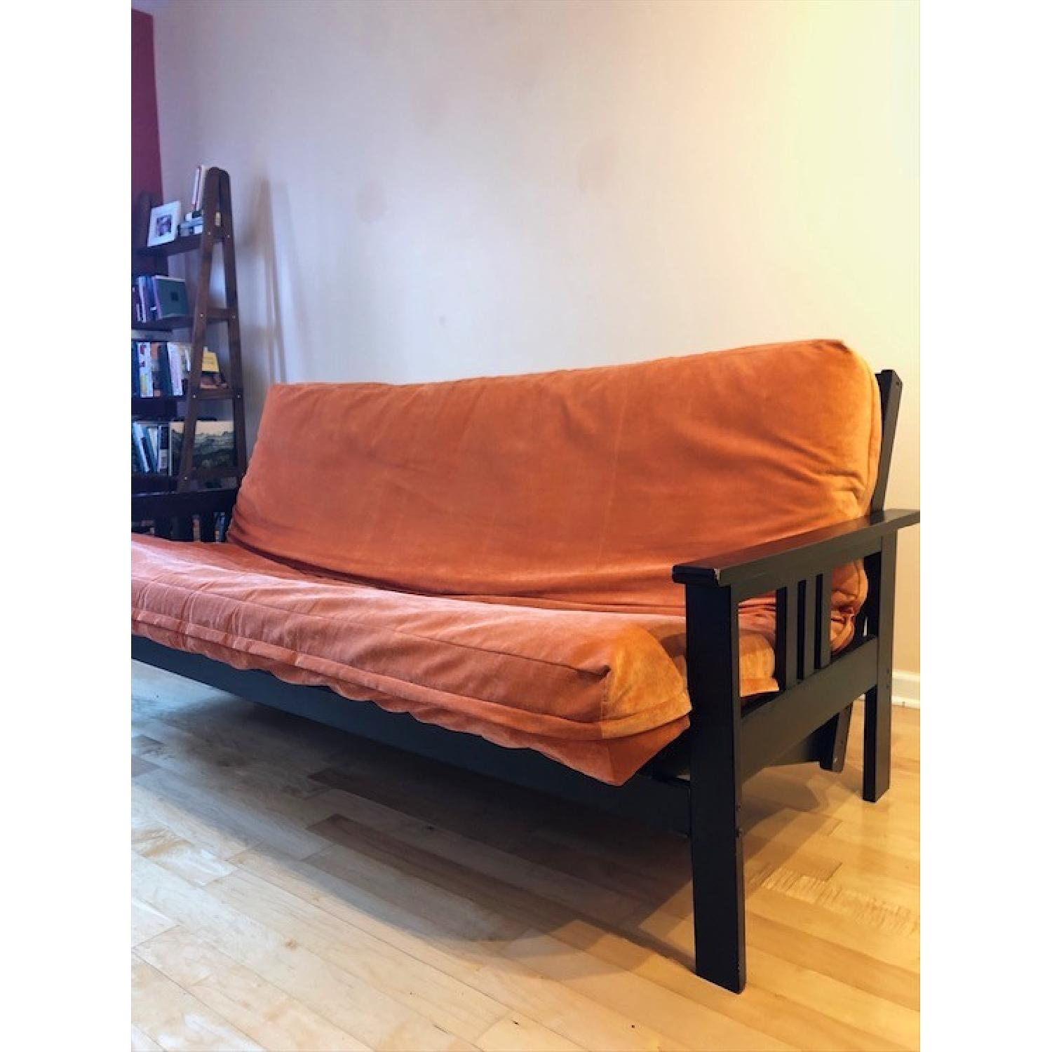 Full Size Futon Sofa w/ Dark Wood Frame - image-3