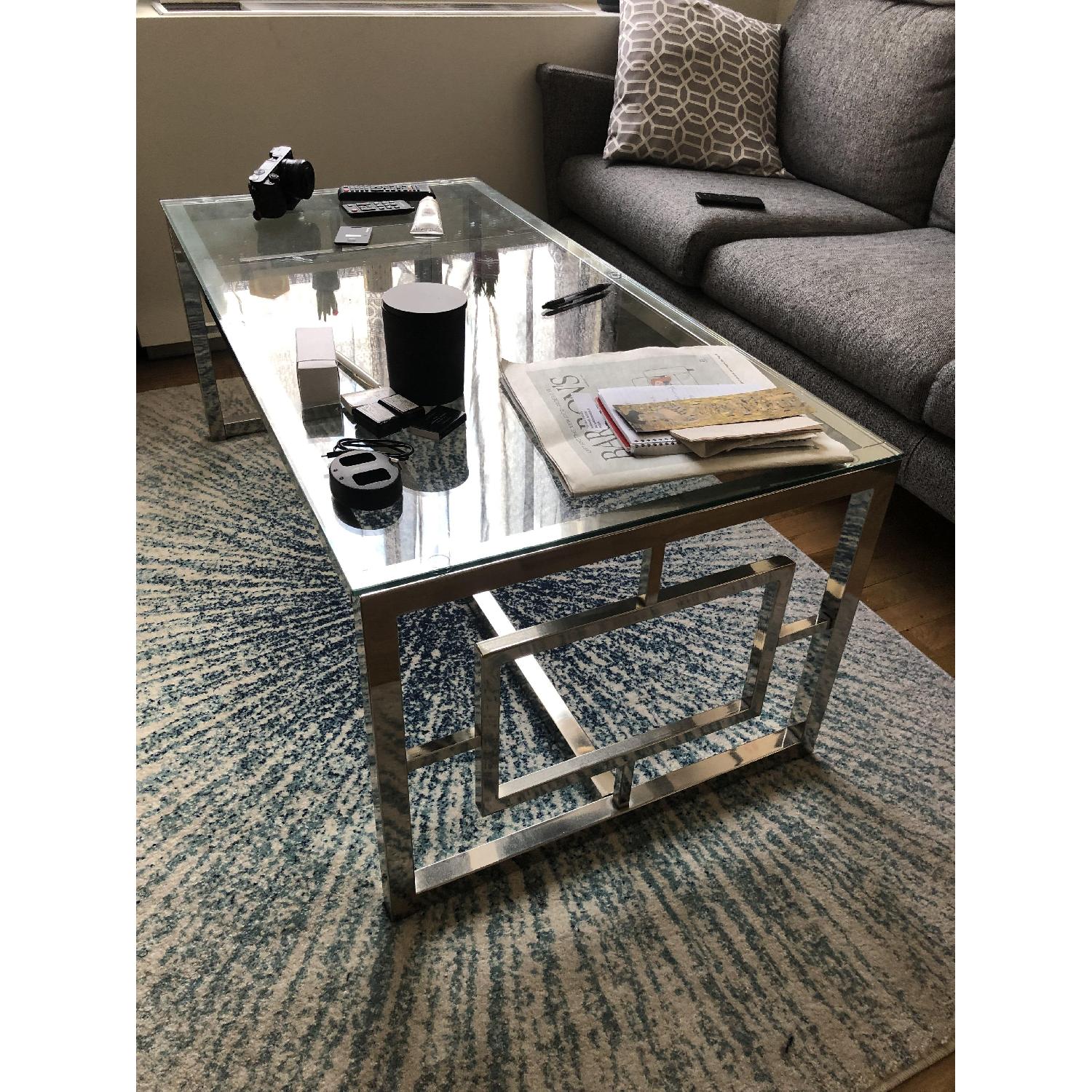 Silver Geometric Sided Rectangle Glass Coffee Table - image-3