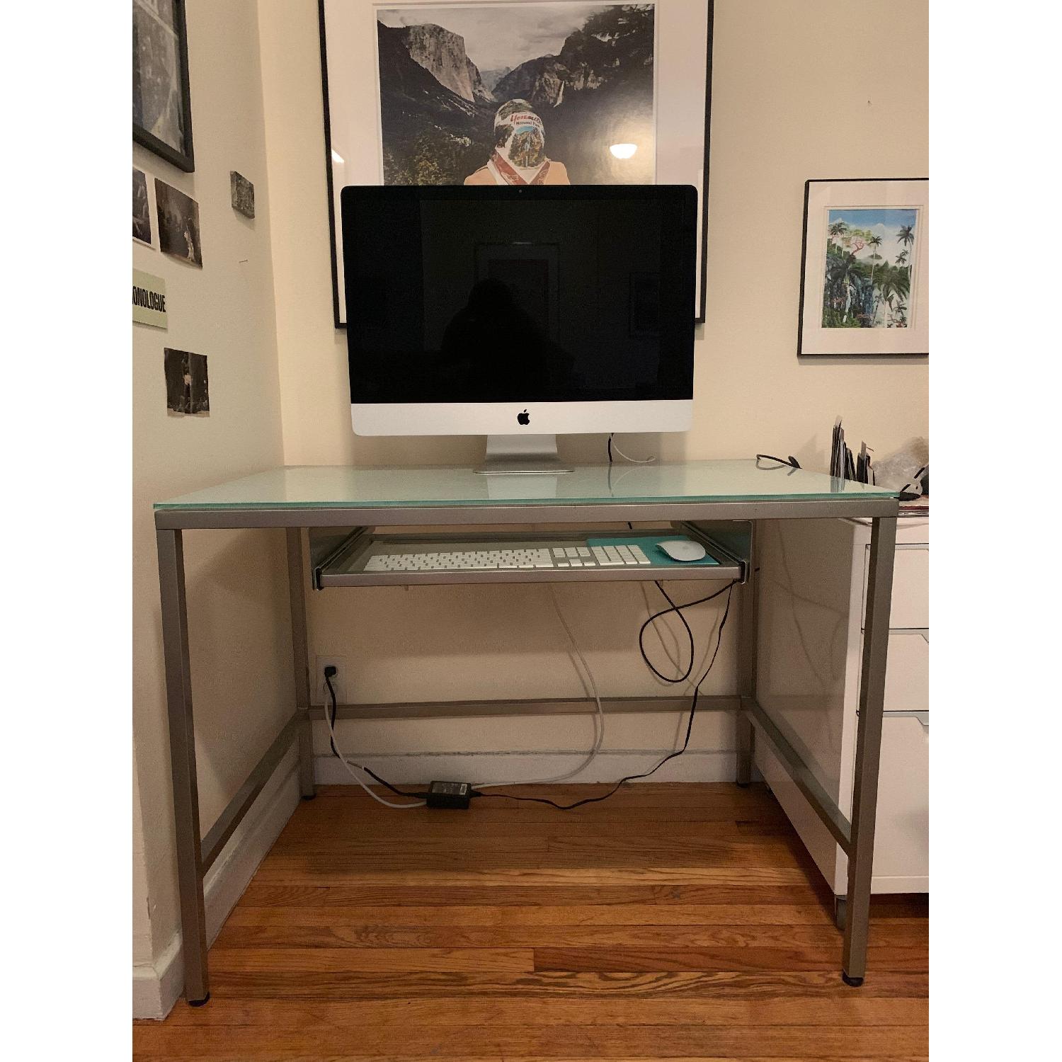 CB2 Brushed Metal & Frosted Glass Modern Desk AptDeco