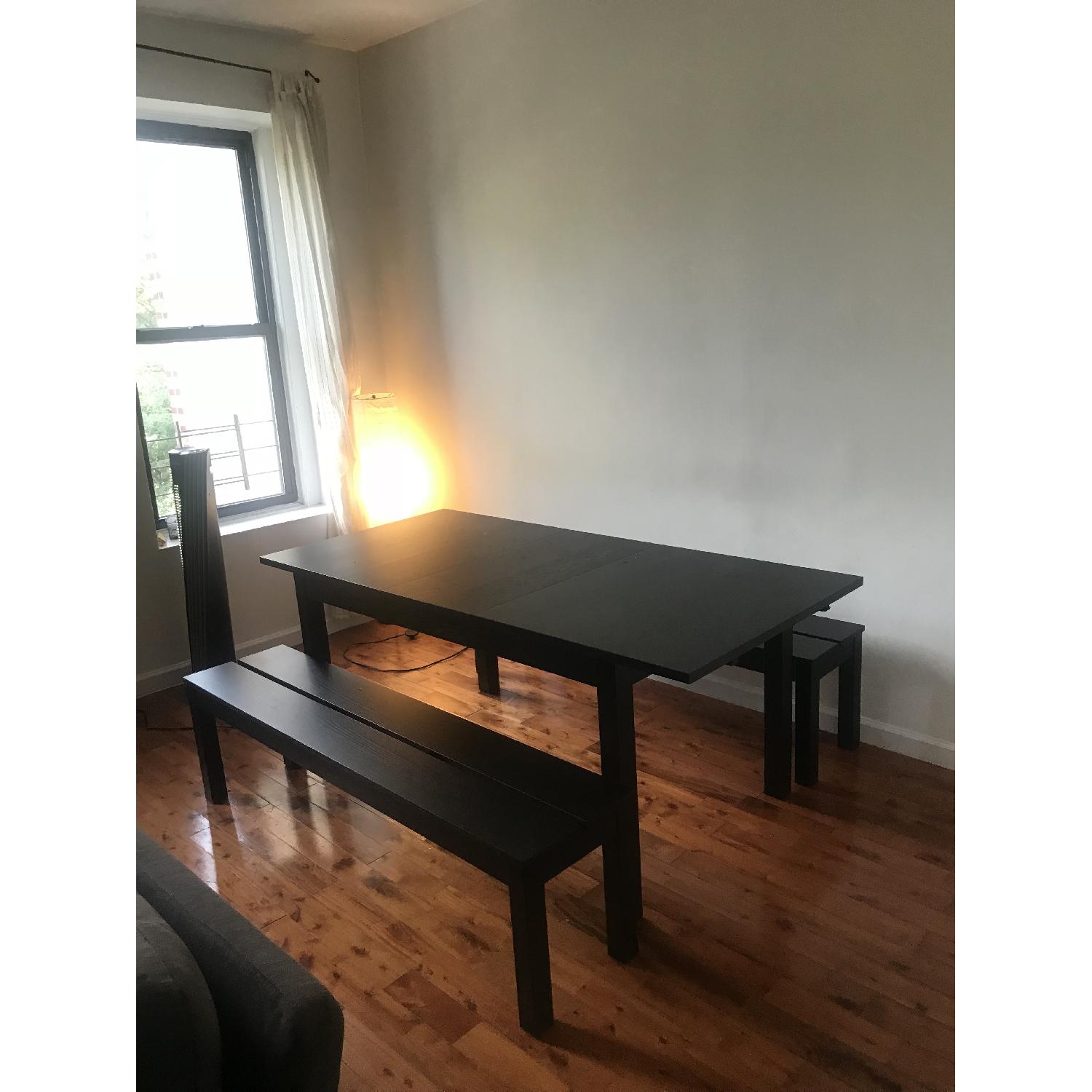 Ikea Espresso Wood Dining Table w/ 2 Benches - image-1