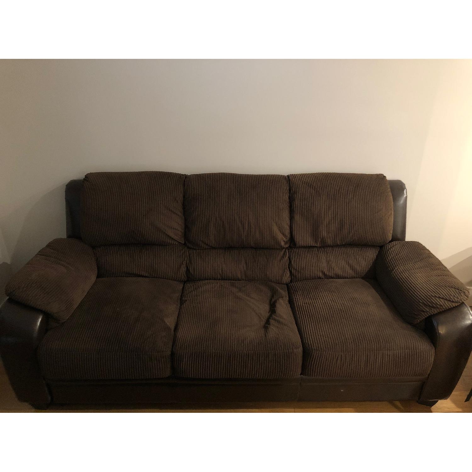 Brown Corduroy Fabric Sofa w/ Dark Brown PU Base - image-1
