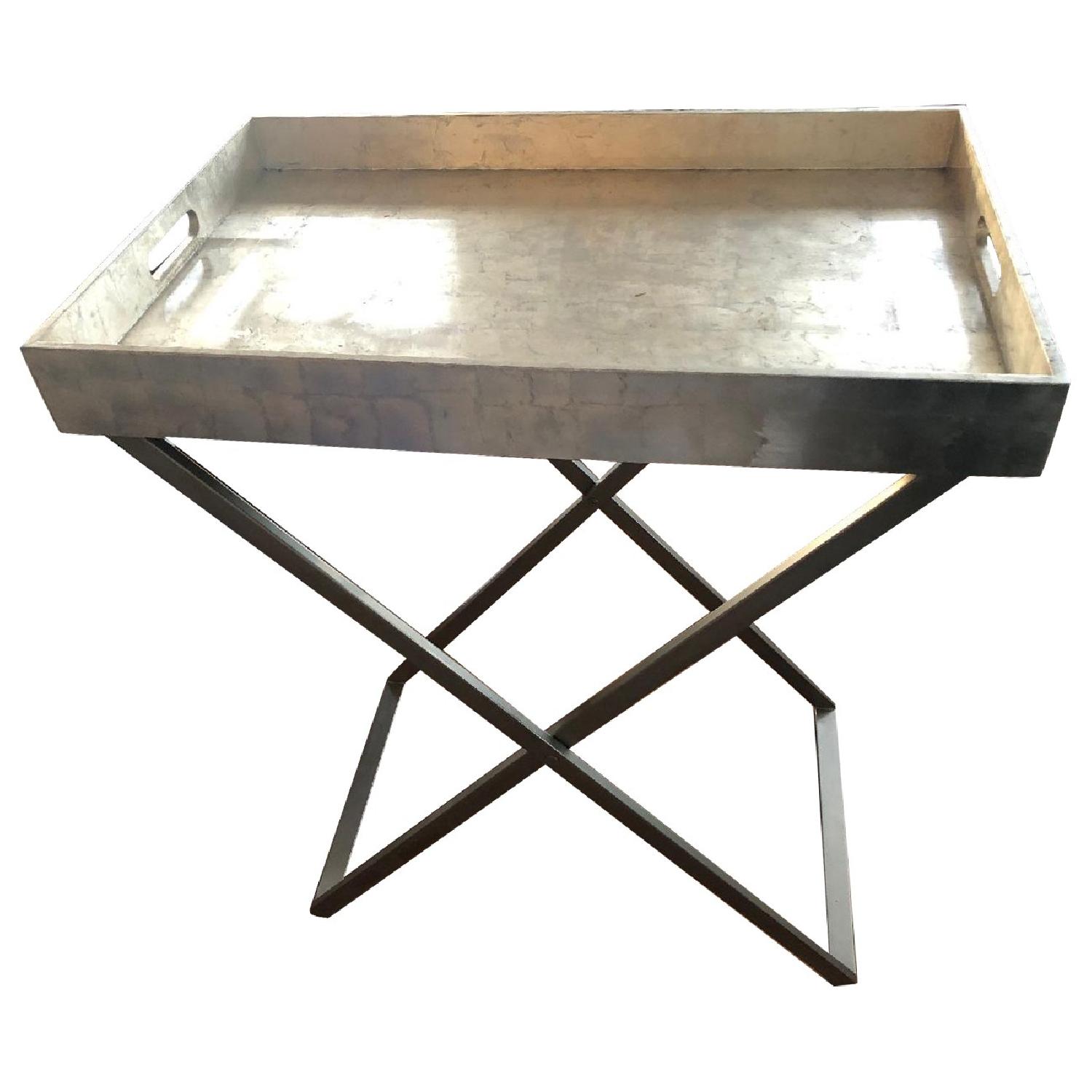 West Elm Tall Butler Tray Stand w/ Silver Lacquer Tray - AptDeco
