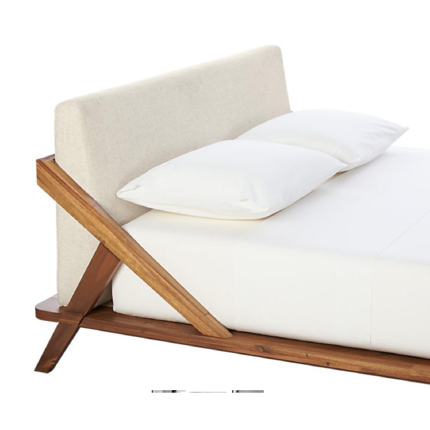 CB2 Drommen Acacia Wood Bed w/ Ivory Upholstered Headboard - image-2