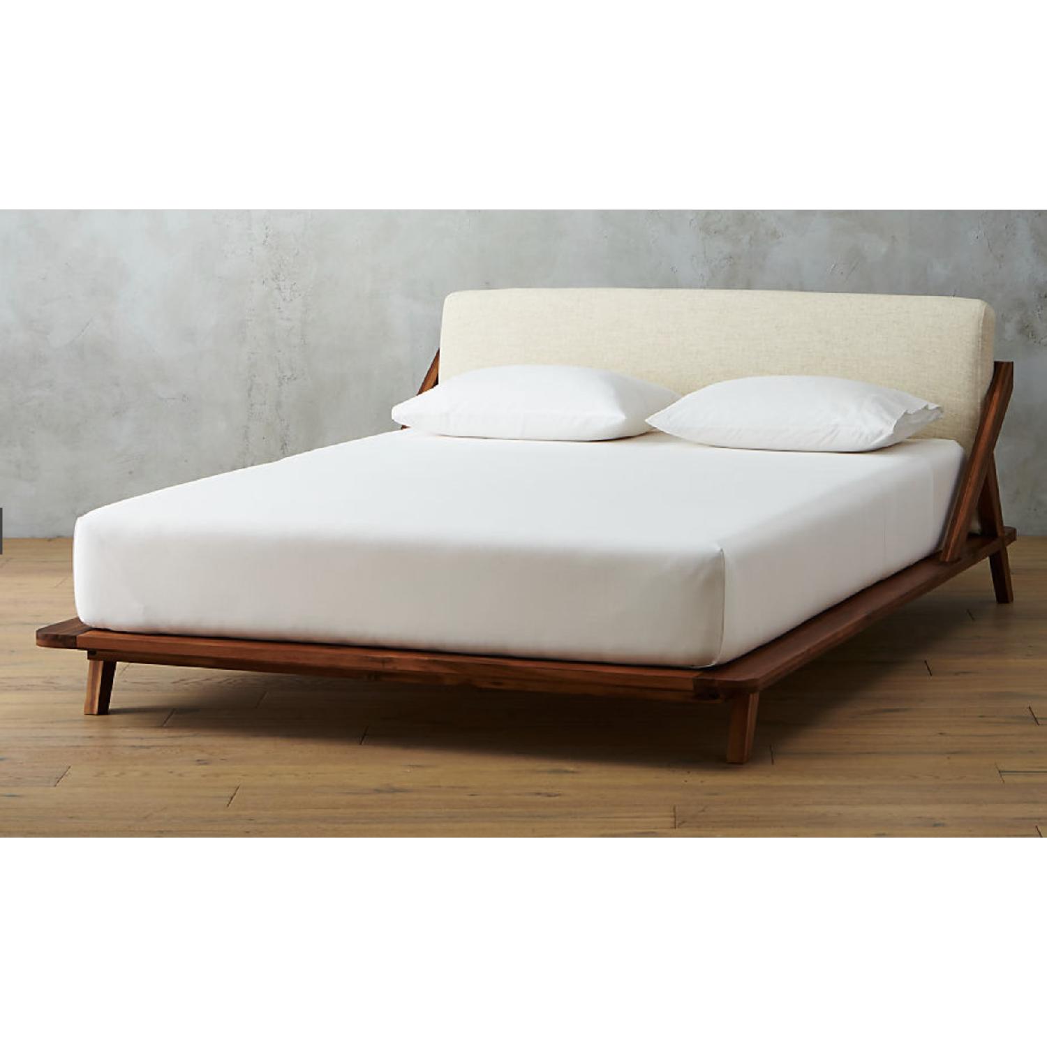 CB2 Drommen Acacia Wood Bed w/ Ivory Upholstered Headboard - image-3