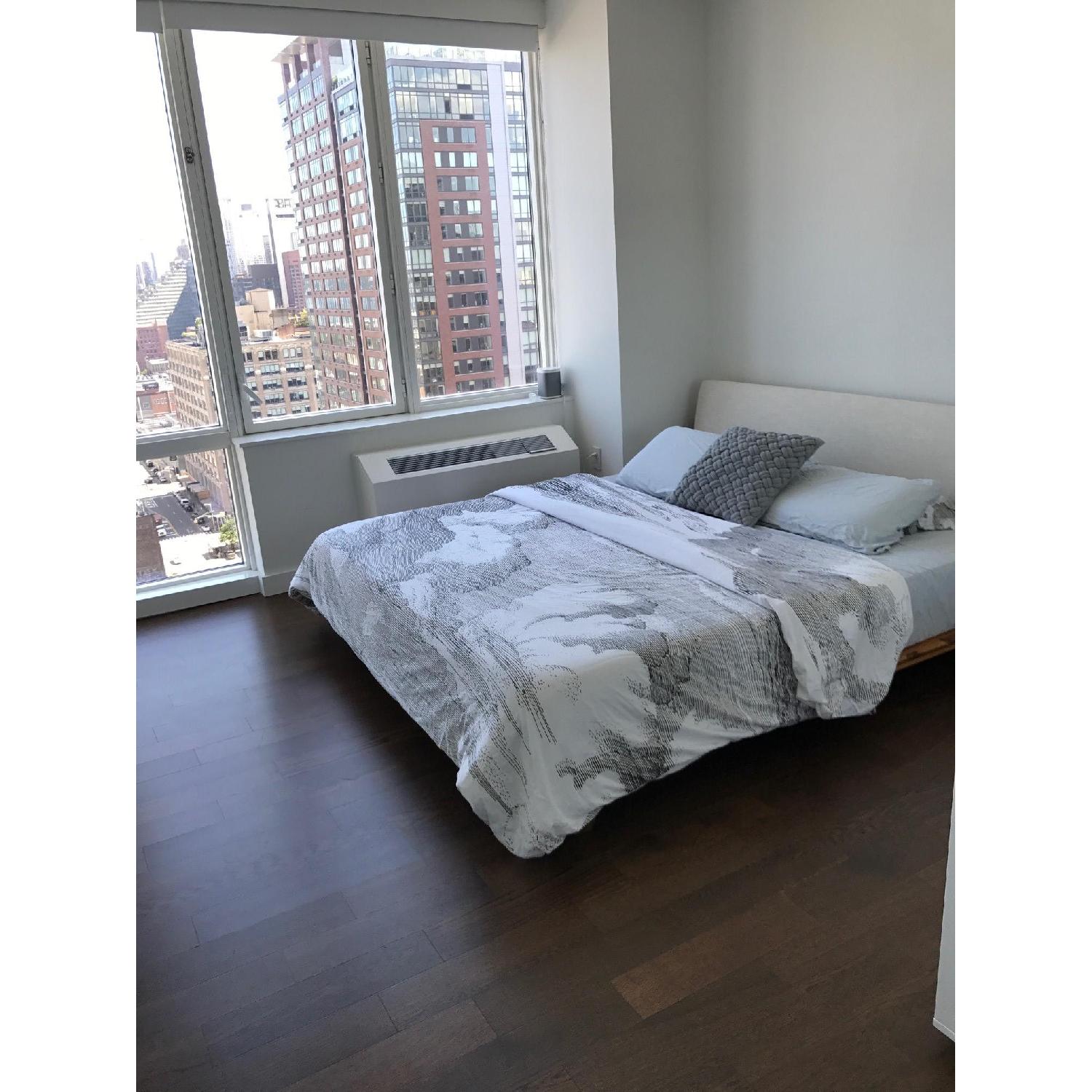 CB2 Drommen Acacia Wood Bed w/ Ivory Upholstered Headboard - image-8