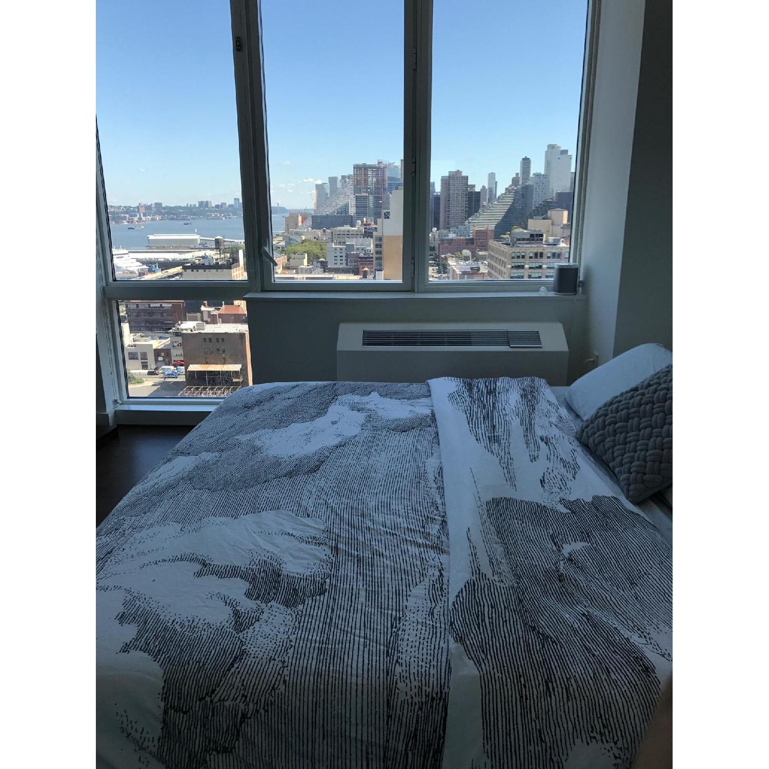 CB2 Drommen Acacia Wood Bed w/ Ivory Upholstered Headboard - image-9