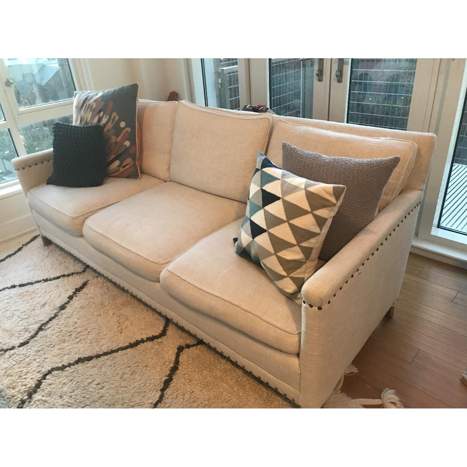 Crate & Barrel Trevor Linen Sofa w/ Brass Nailheads - image-1
