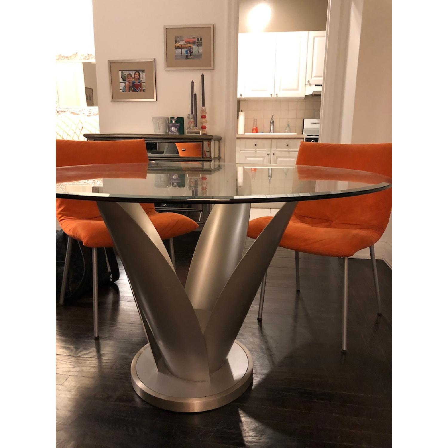 Round Glass Dining Table w/ Brushed Metal Base - image-1
