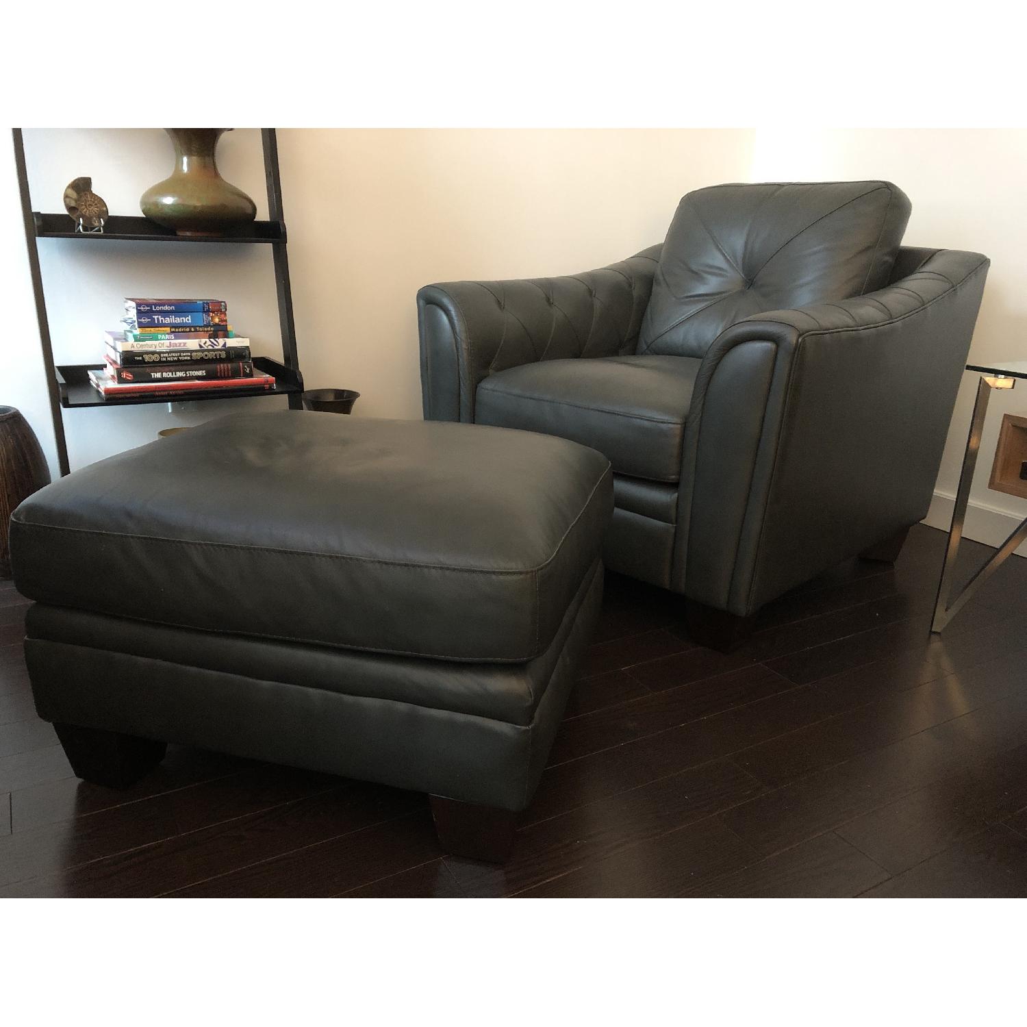 Modern Pewter/Green Leather Chair & Ottoman - image-1