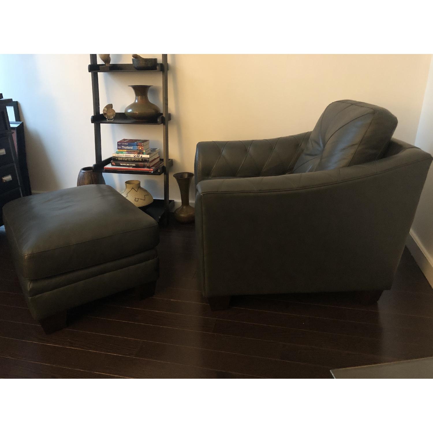 Modern Pewter/Green Leather Chair & Ottoman - image-2