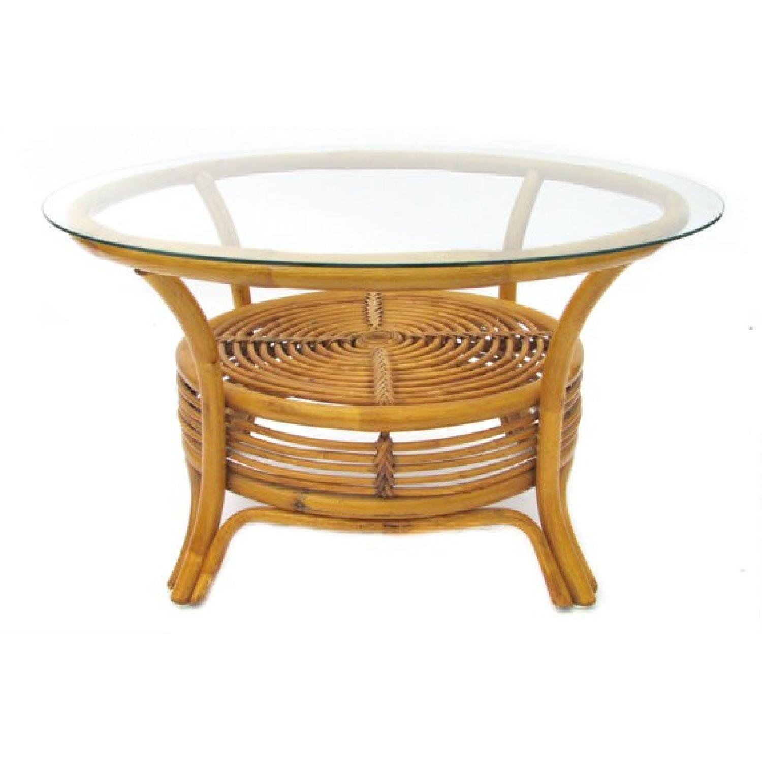Vintage Bent Wood Rattan Coffee Table Round w/ Glass Top - image-2