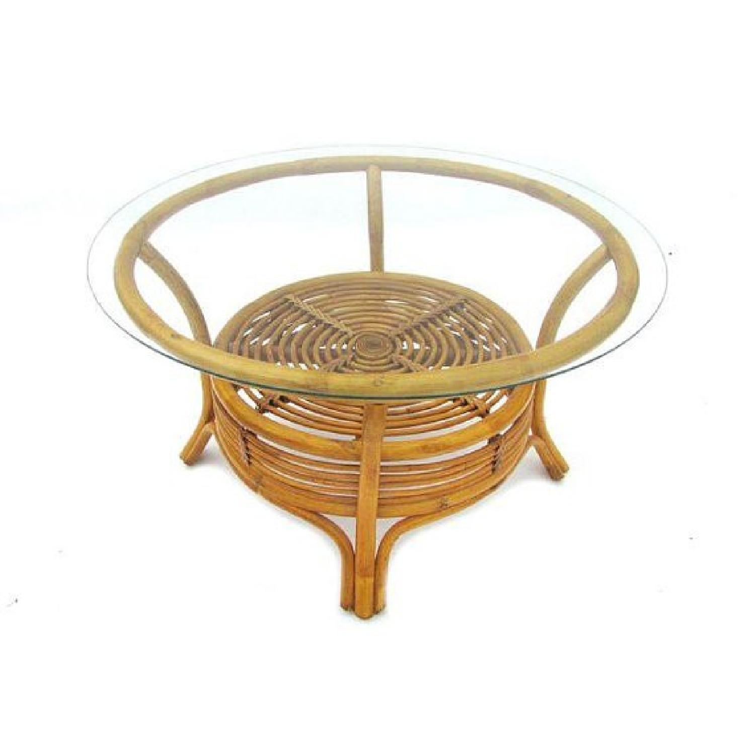 Vintage Bent Wood Rattan Coffee Table Round w/ Glass Top - image-3