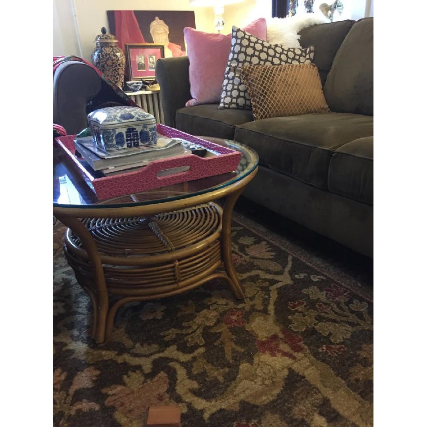Vintage Bent Wood Rattan Coffee Table Round w/ Glass Top - image-4
