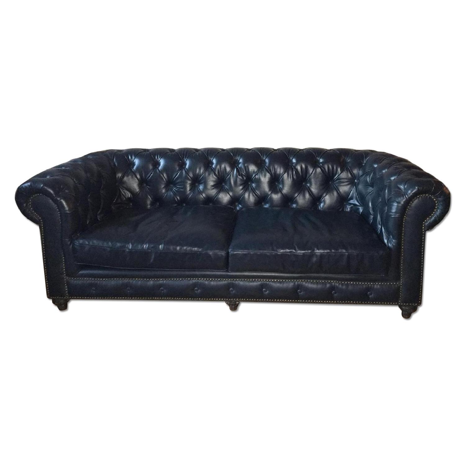 Royal Blue Leather Tufted Sofa - image-0