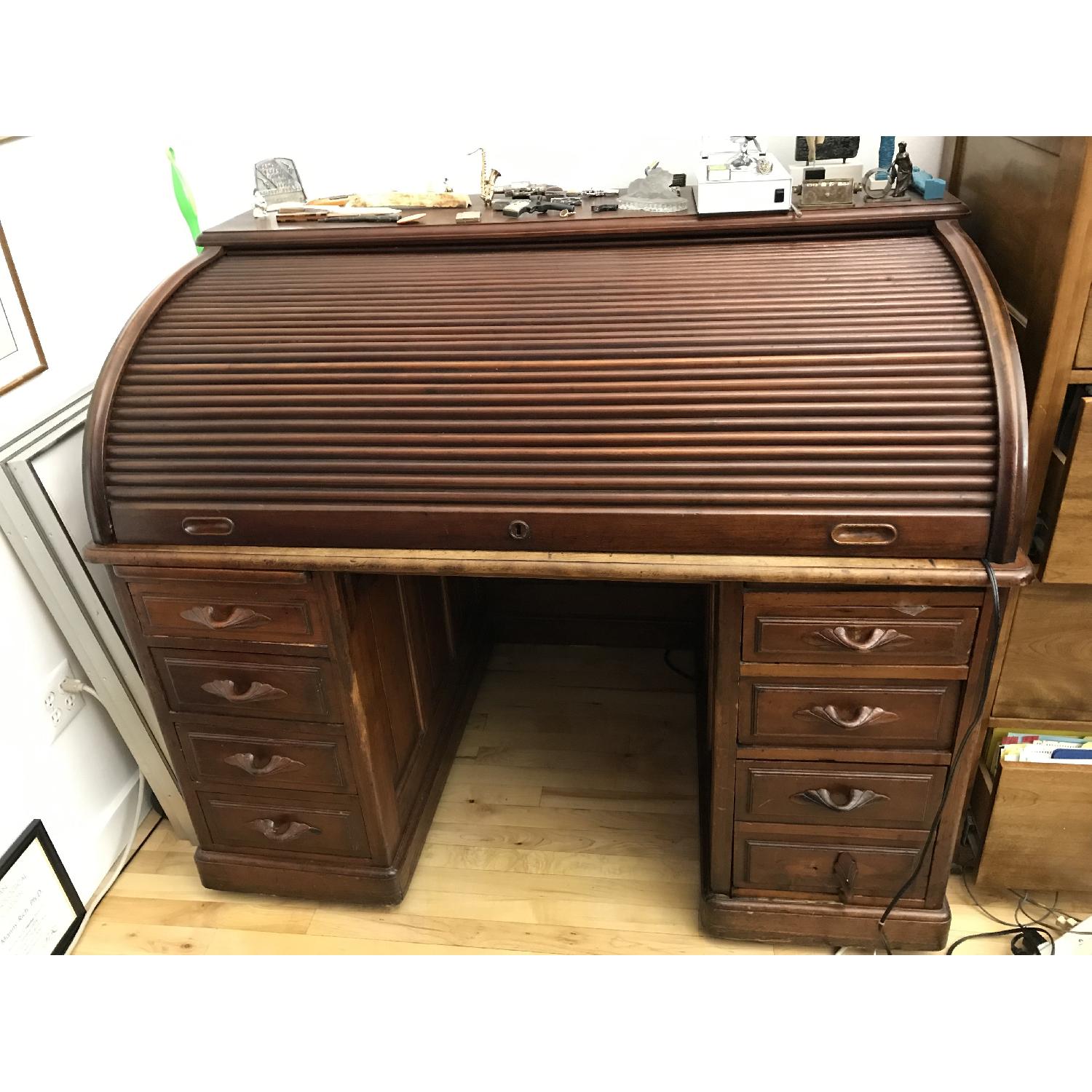 Antique Roll-Top Wood Writing Desk - image-1