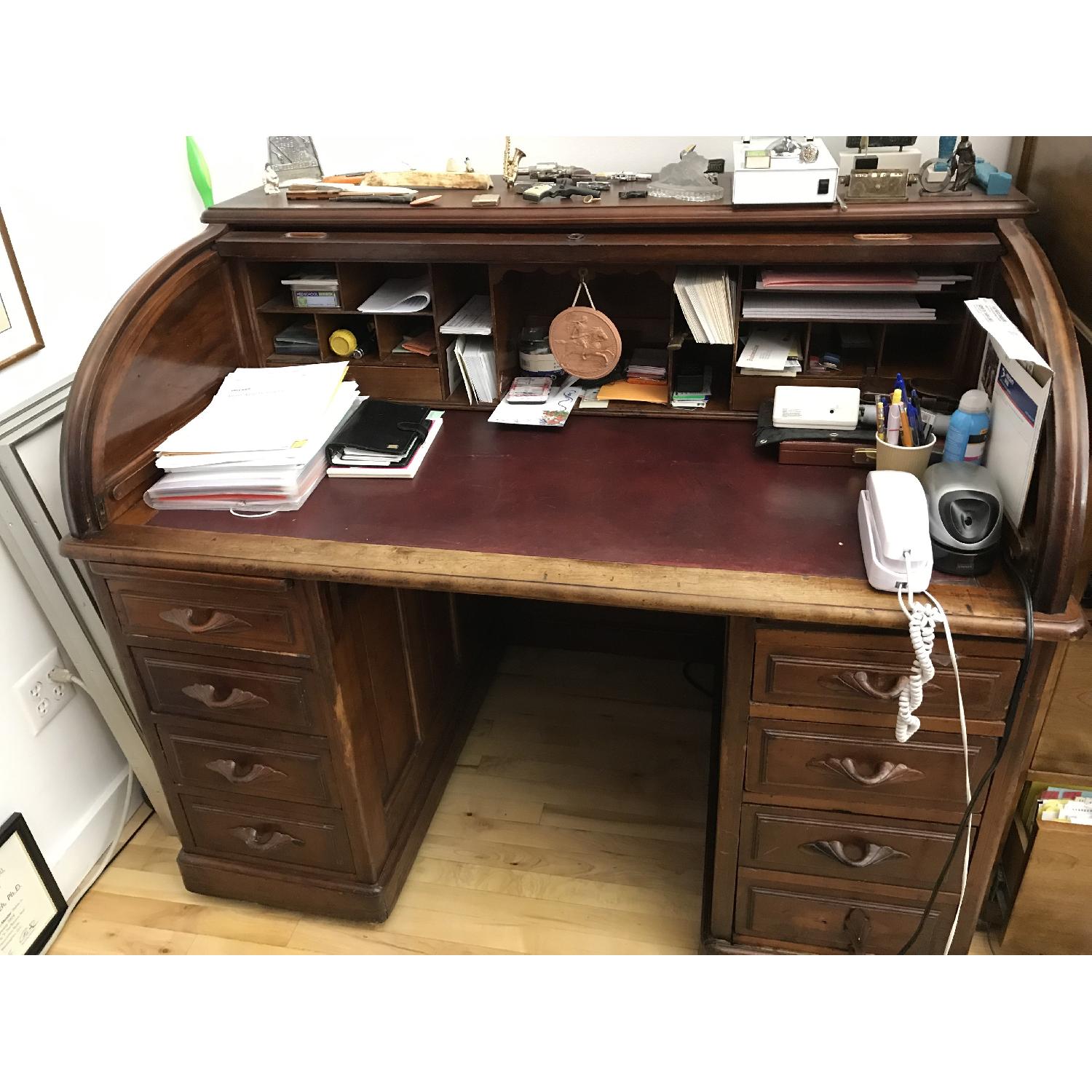 Antique Roll-Top Wood Writing Desk - image-2