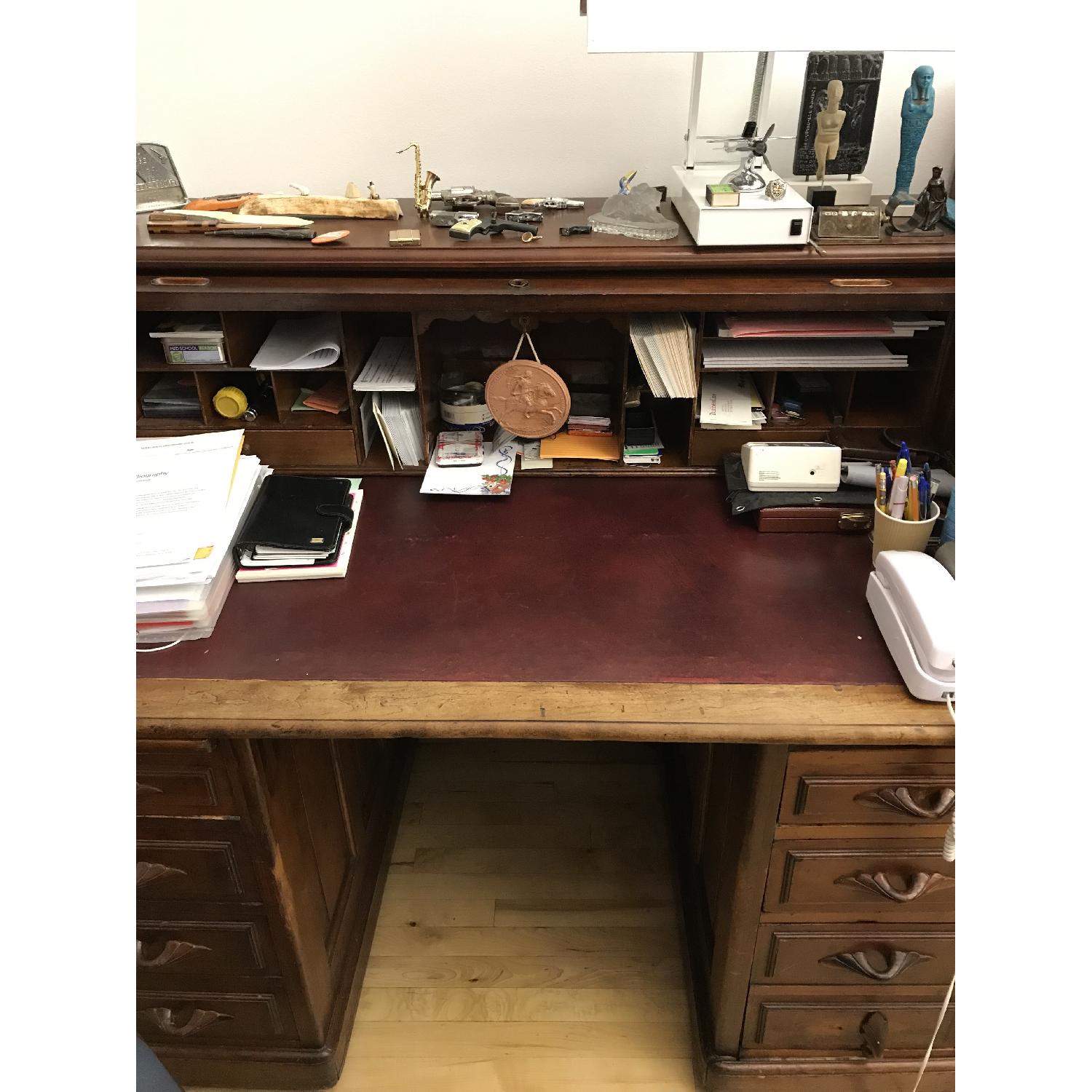 Antique Roll-Top Wood Writing Desk - image-3