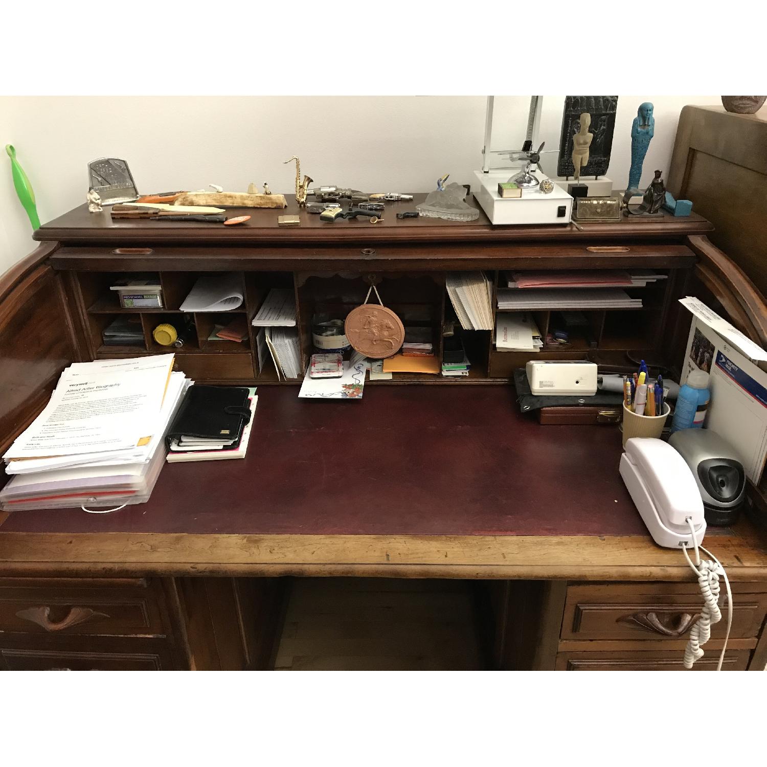Antique Roll-Top Wood Writing Desk - image-4