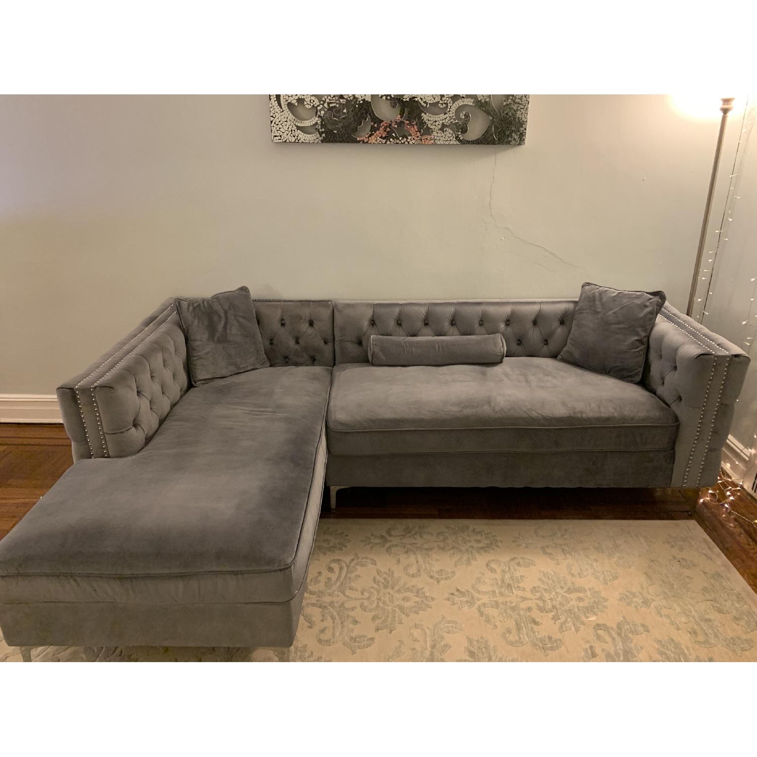 Iconic Home Grey Velvet Sectional Sofa w/ Left Facing Chaise - image-1