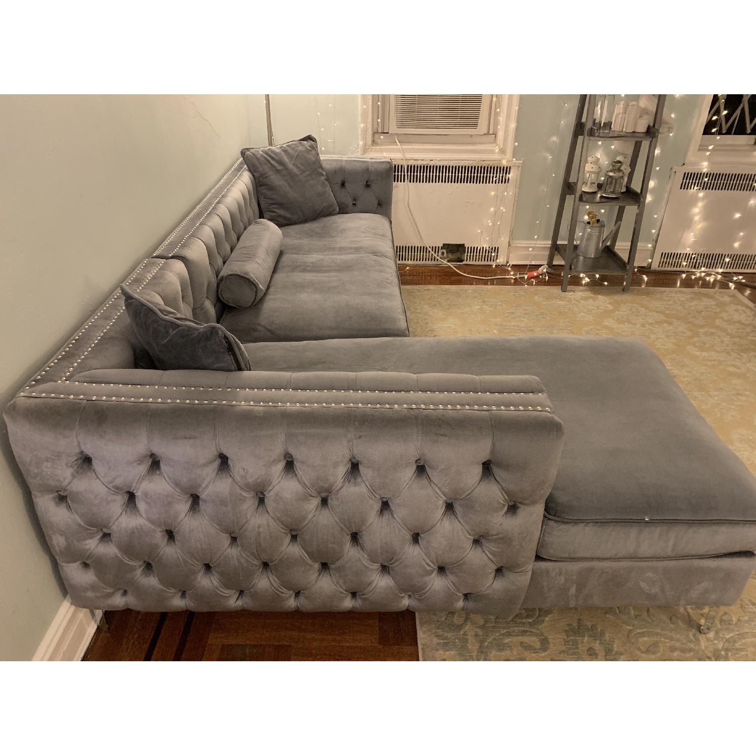 Iconic Home Grey Velvet Sectional Sofa w/ Left Facing Chaise - image-2