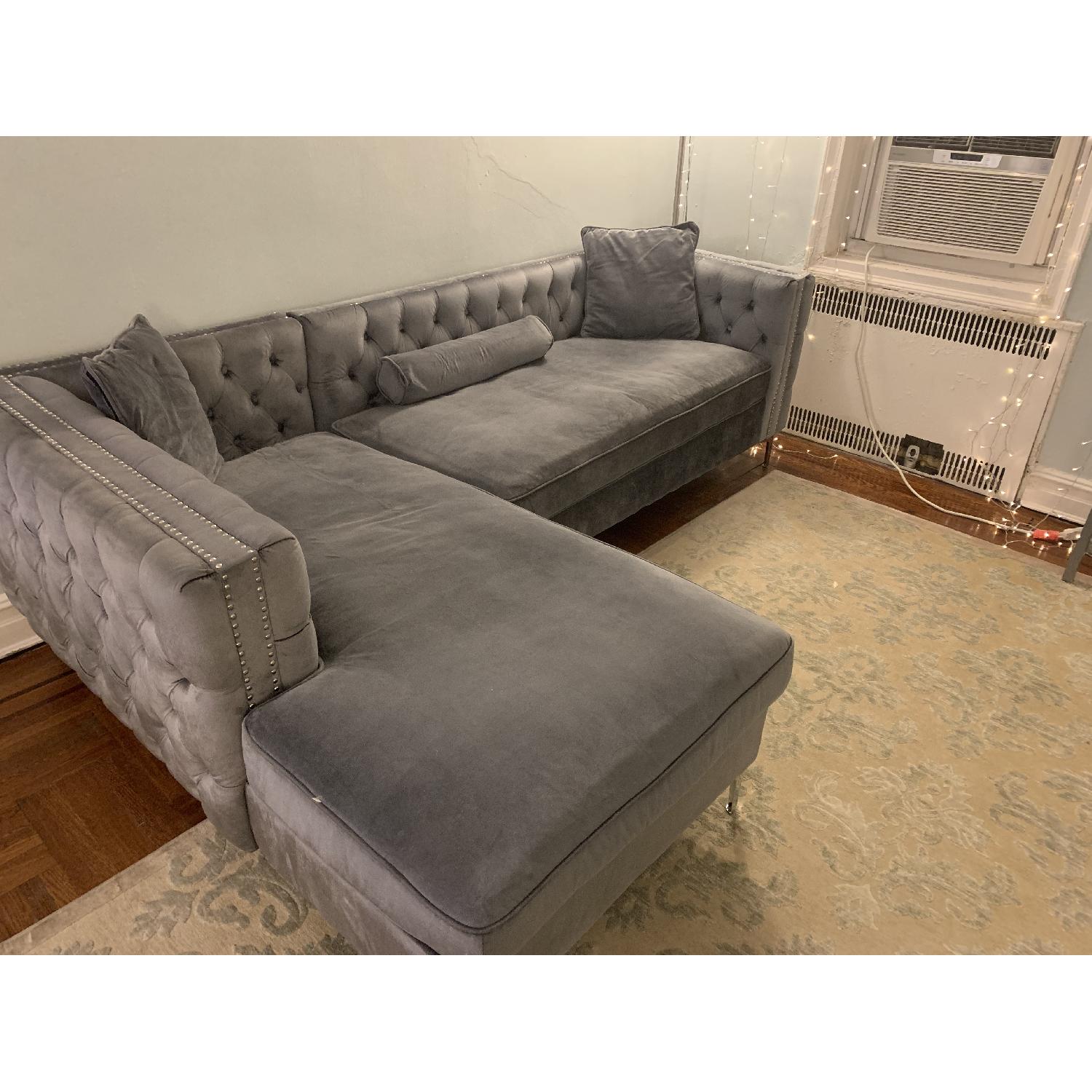 Iconic Home Grey Velvet Sectional Sofa w/ Left Facing Chaise - image-4