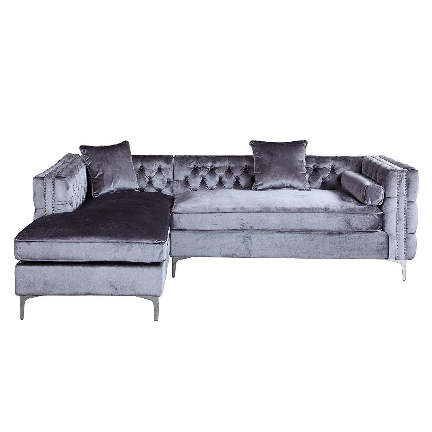Iconic Home Grey Velvet Sectional Sofa w/ Left Facing Chaise - image-0