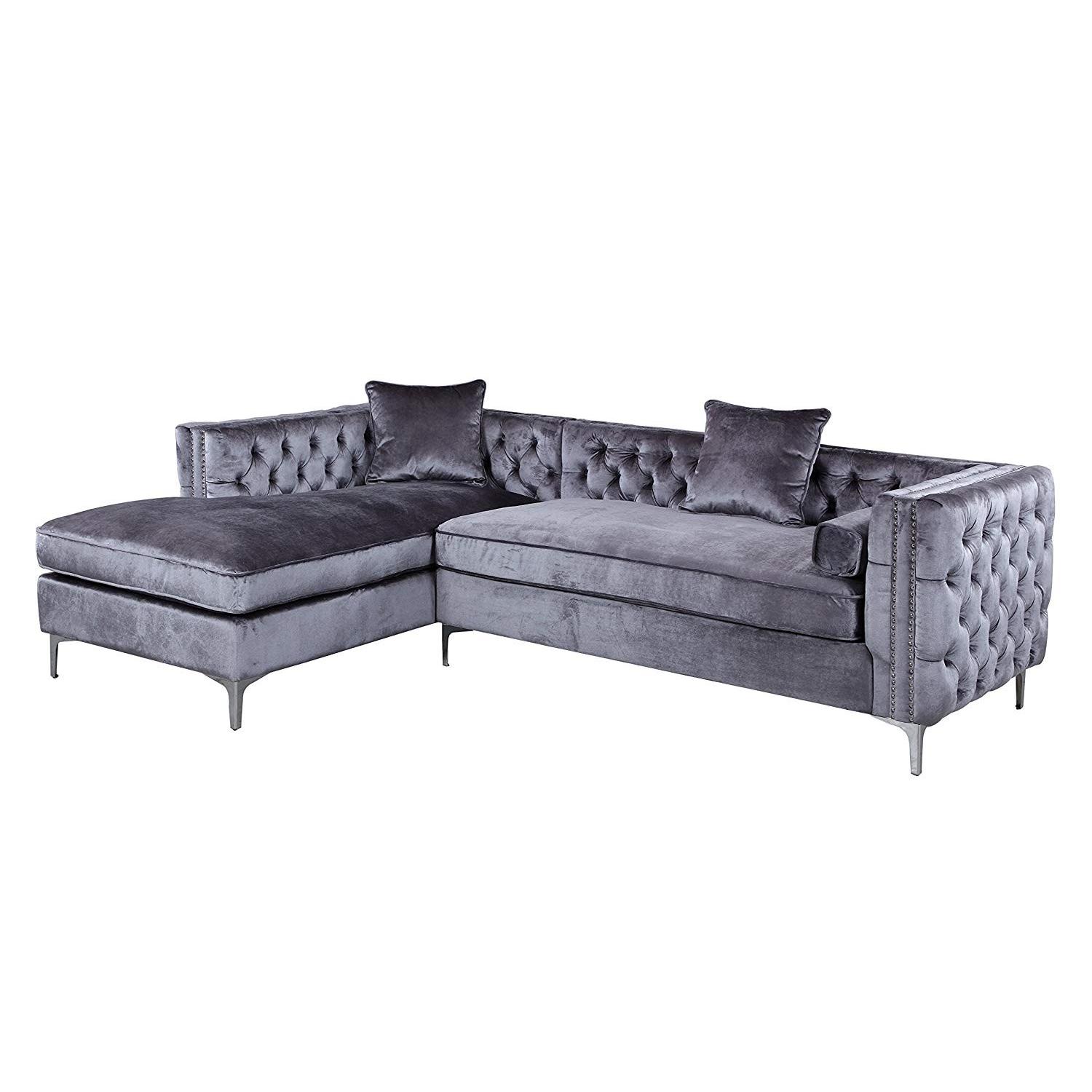 Iconic Home Grey Velvet Sectional Sofa w/ Left Facing Chaise - image-5