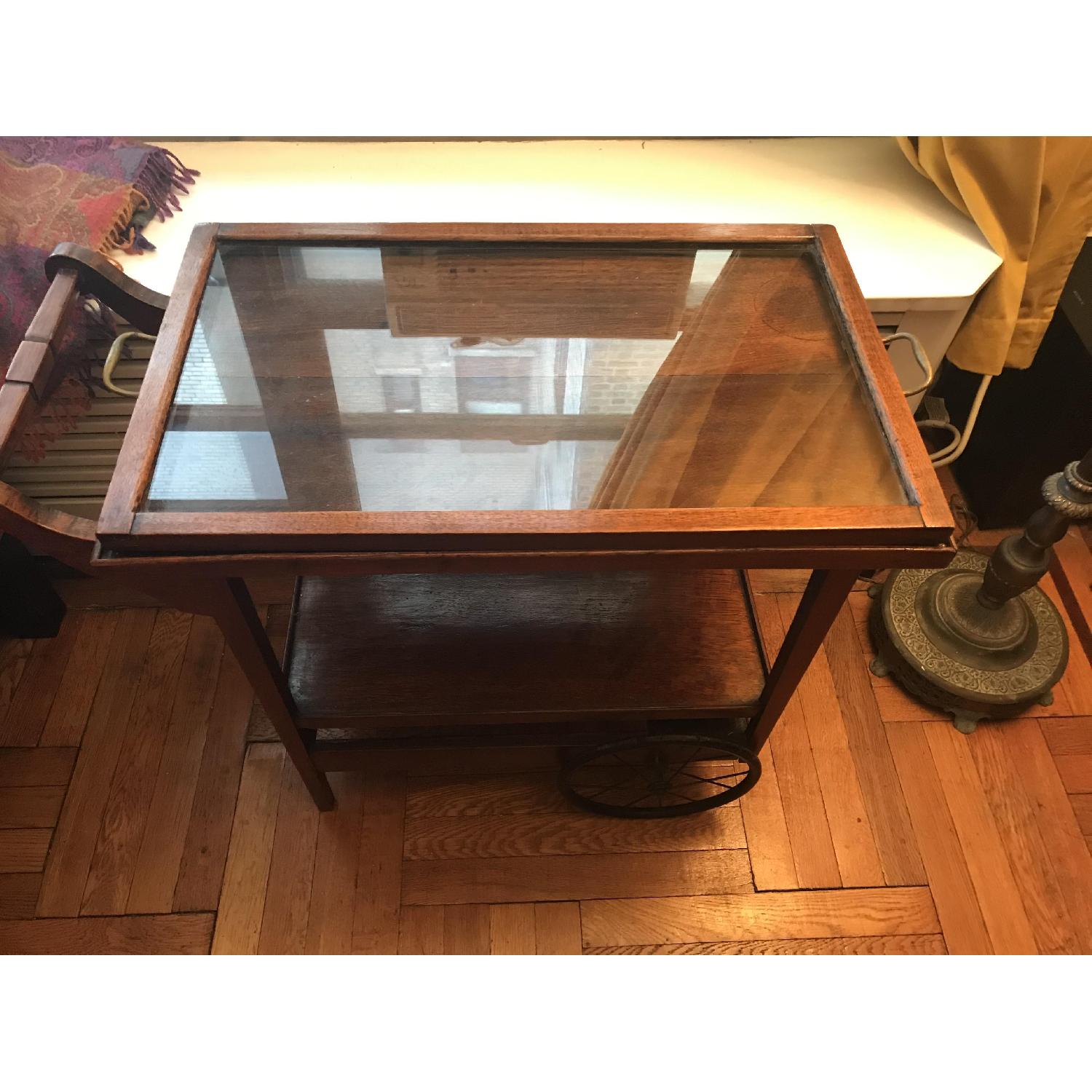 Vintage 1920's Mahogany Bar Cart w/ Glass Serving Tray - image-2