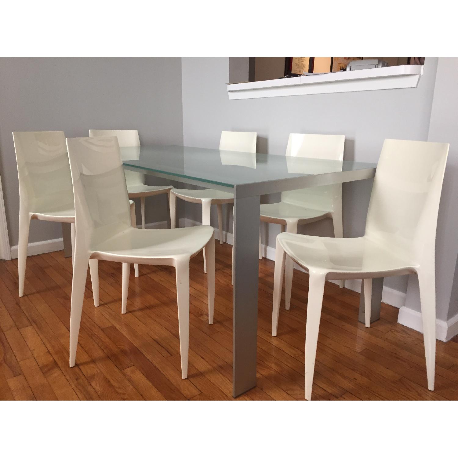 Glass Top Metal Frame Dining Table w/ 6 White Chairs - image-1