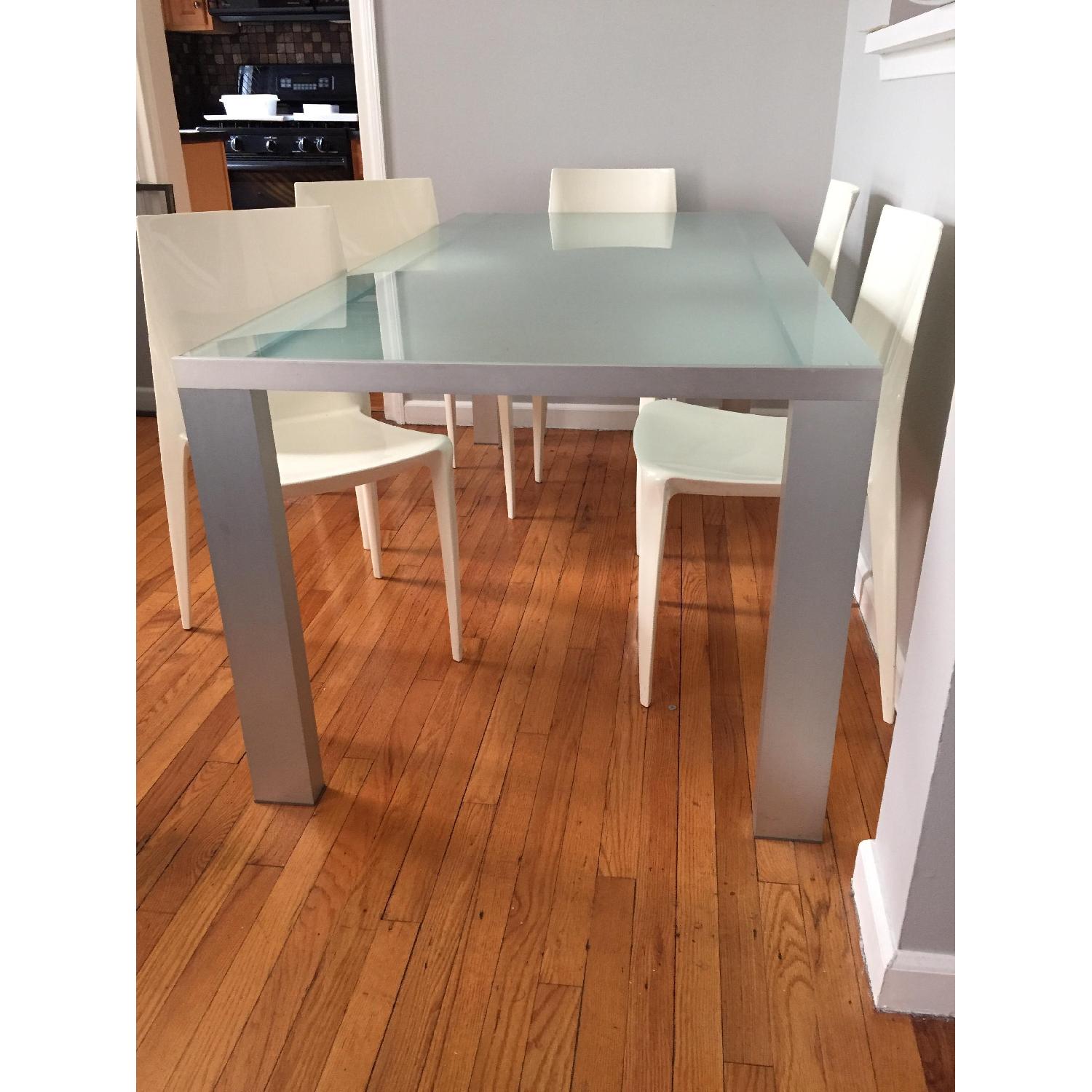 Glass Top Metal Frame Dining Table w/ 6 White Chairs - image-3
