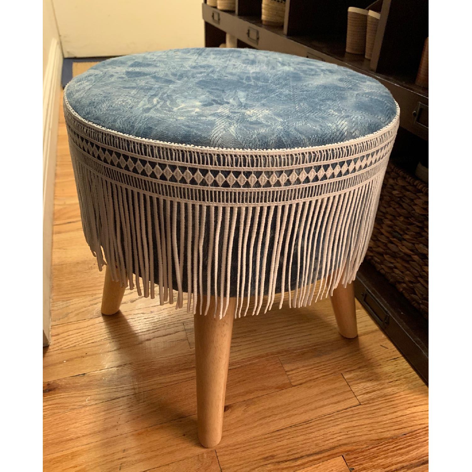 Light Blue Ottoman/Footstool w/ White Fringe - image-1