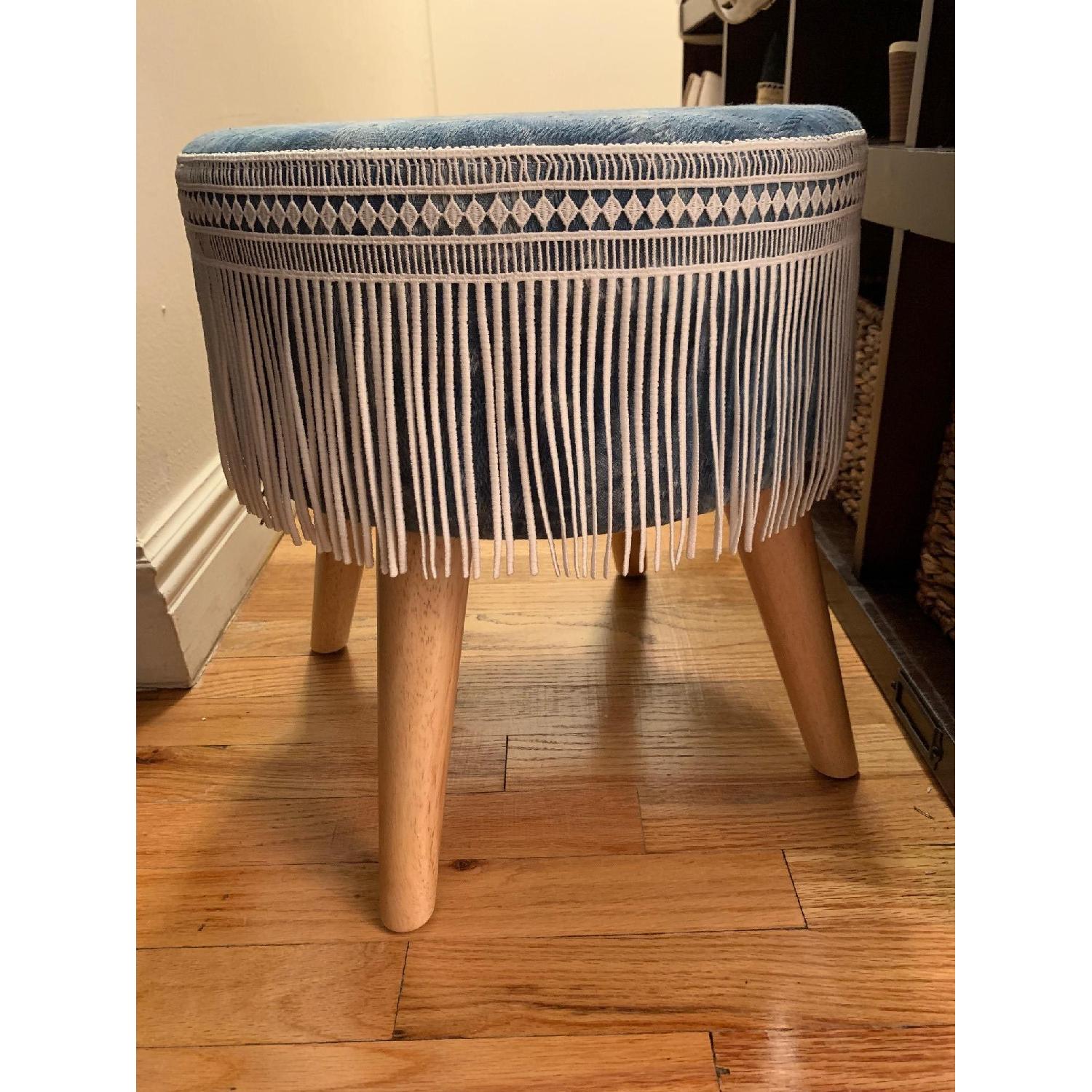 Light Blue Ottoman/Footstool w/ White Fringe - image-2