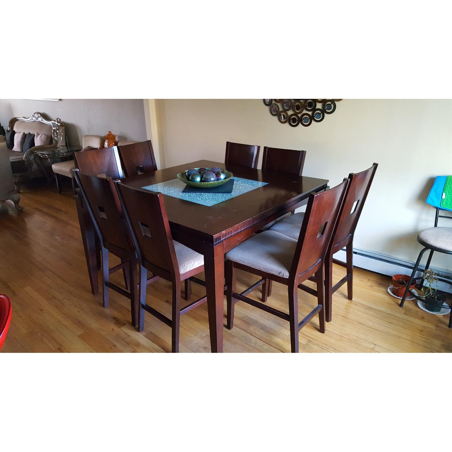 Bob's Crackle Glass Tall Dining Table w/ 8 Chairs - AptDeco