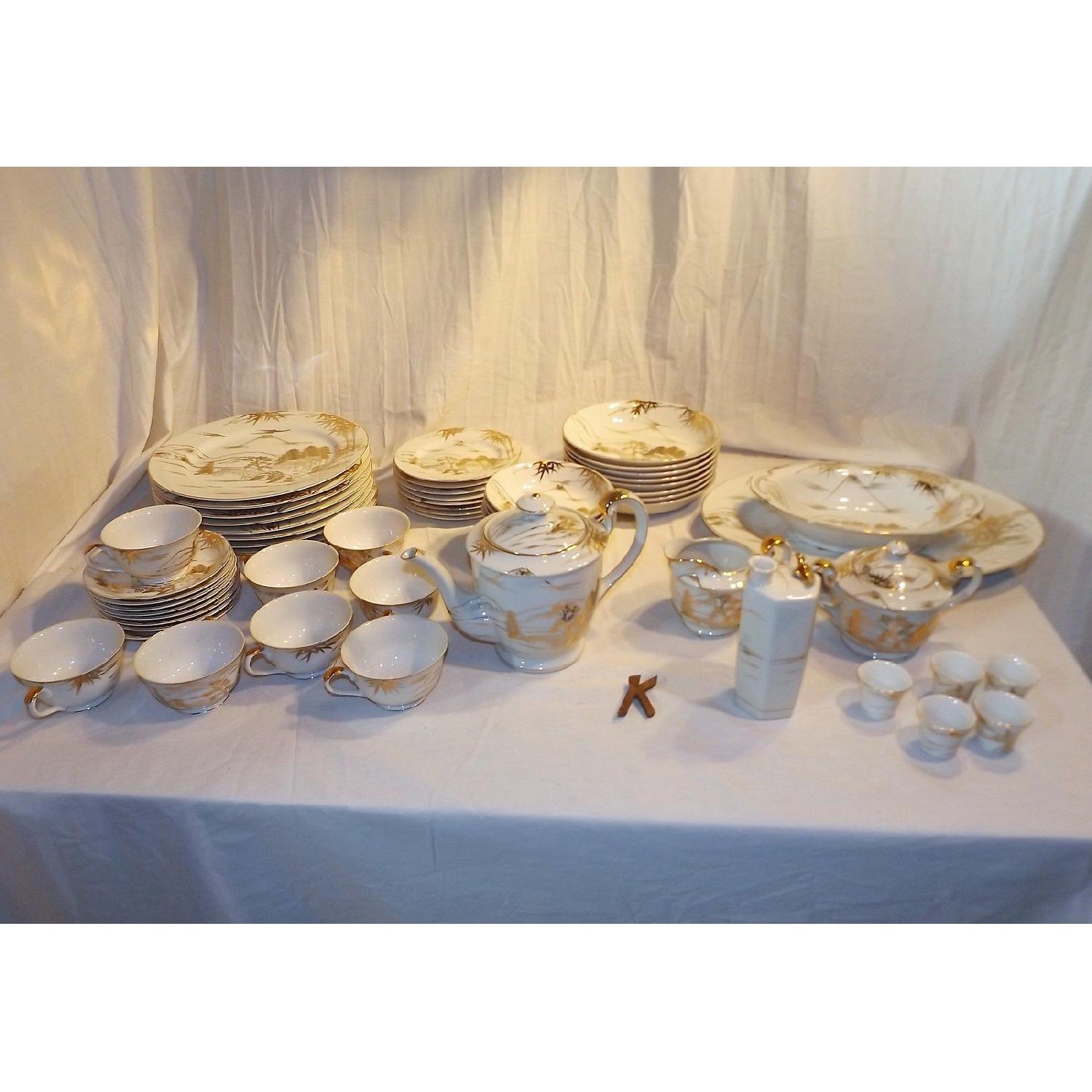 Vintage Japanese Kutani Porcelain Hand-Painted China Setting for 8 - image-1