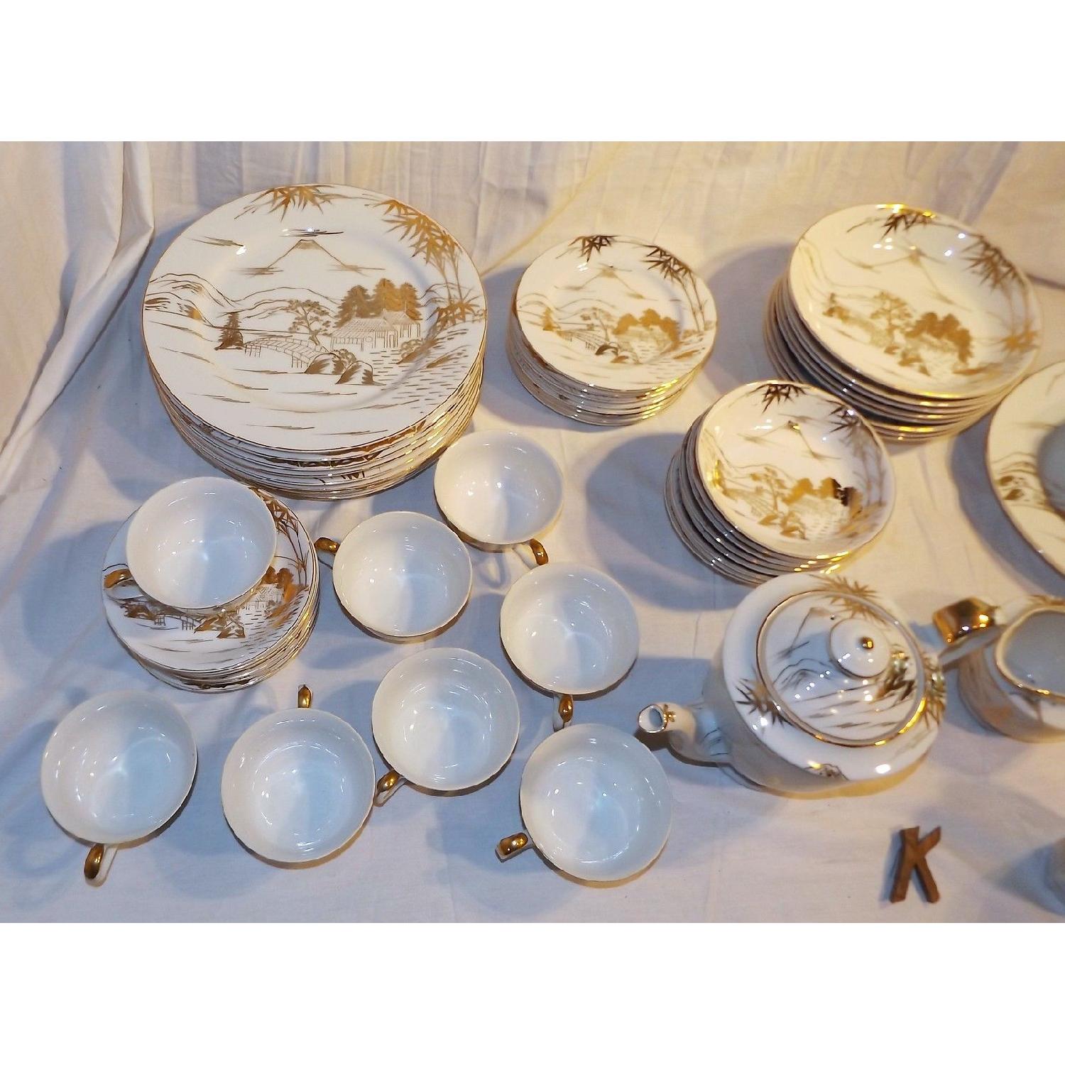 Vintage Japanese Kutani Porcelain Hand-Painted China Setting for 8 - image-4