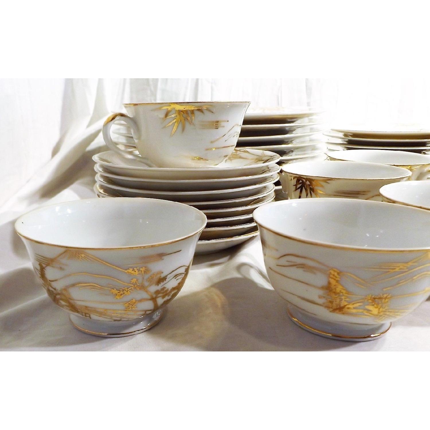 Vintage Japanese Kutani Porcelain Hand-Painted China Setting for 8 - image-7