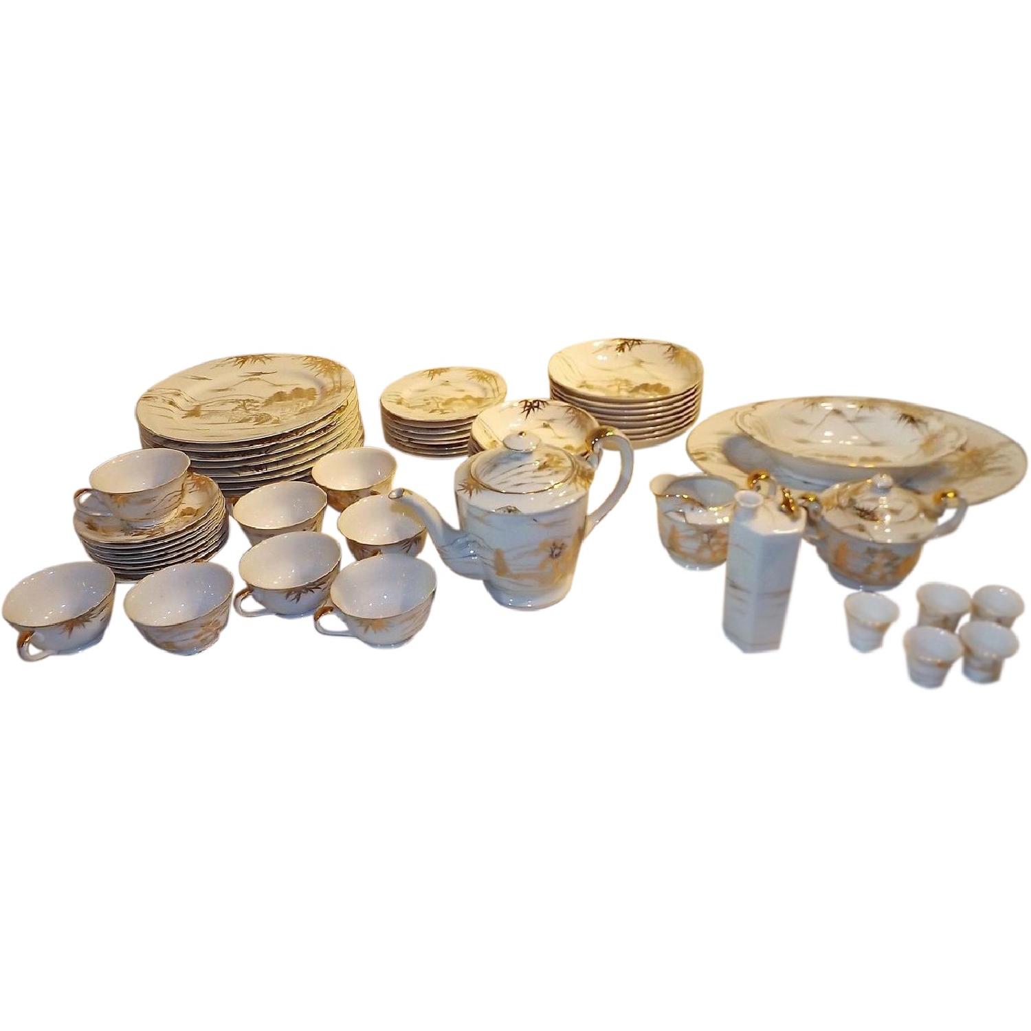 Vintage Japanese Kutani Porcelain Hand-Painted China Setting for 8 - image-0