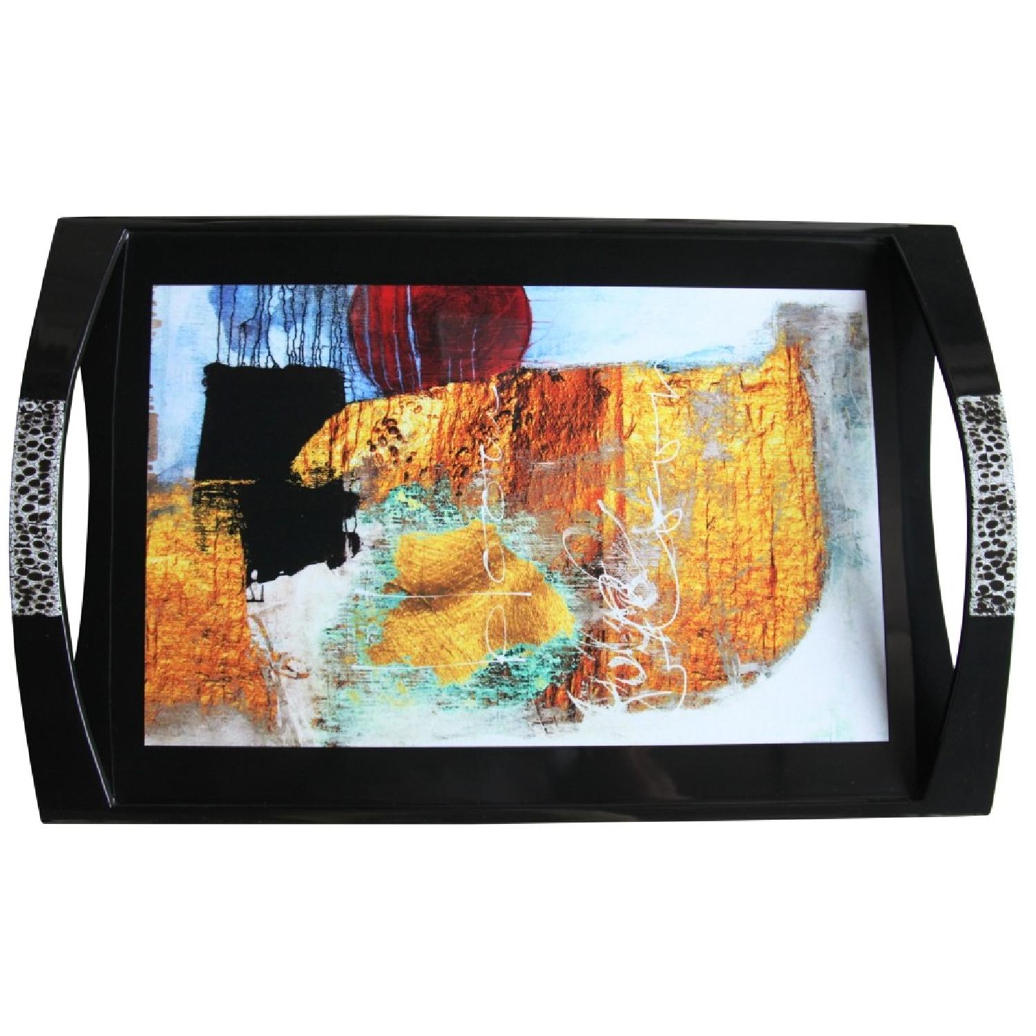 Chromatic Abstract Large Lacquer Tray w/ Eggshell inlay Handles - image-1