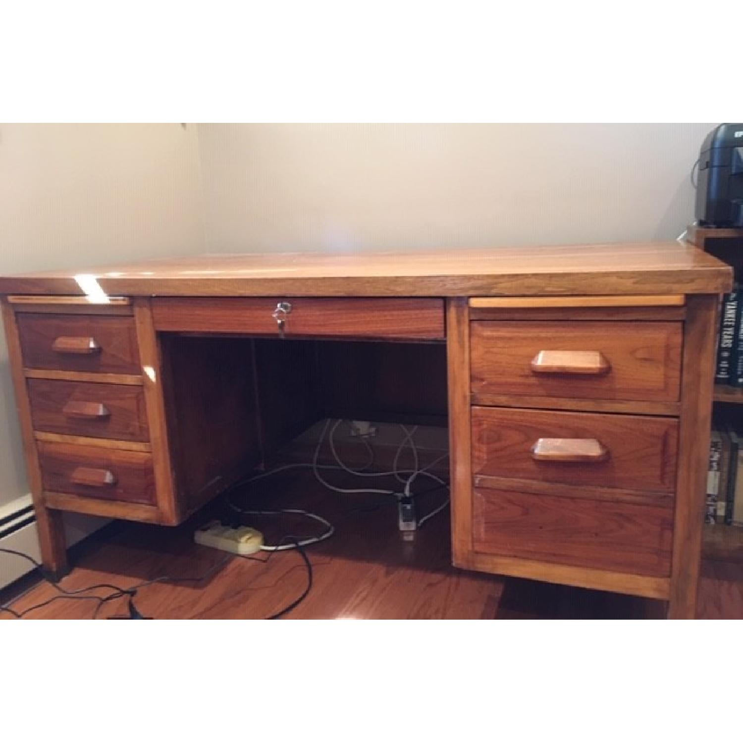 Vintage Solid Oak 6-Drawer Principal's Desk - image-1