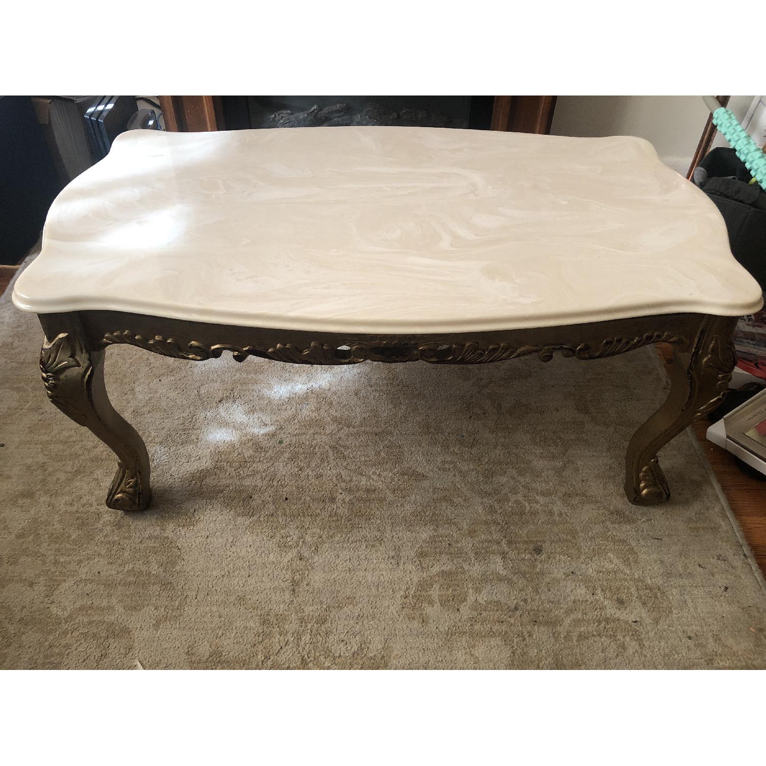 Antique Solid Marble Top Coffee Table w/ Wood Legs AptDeco