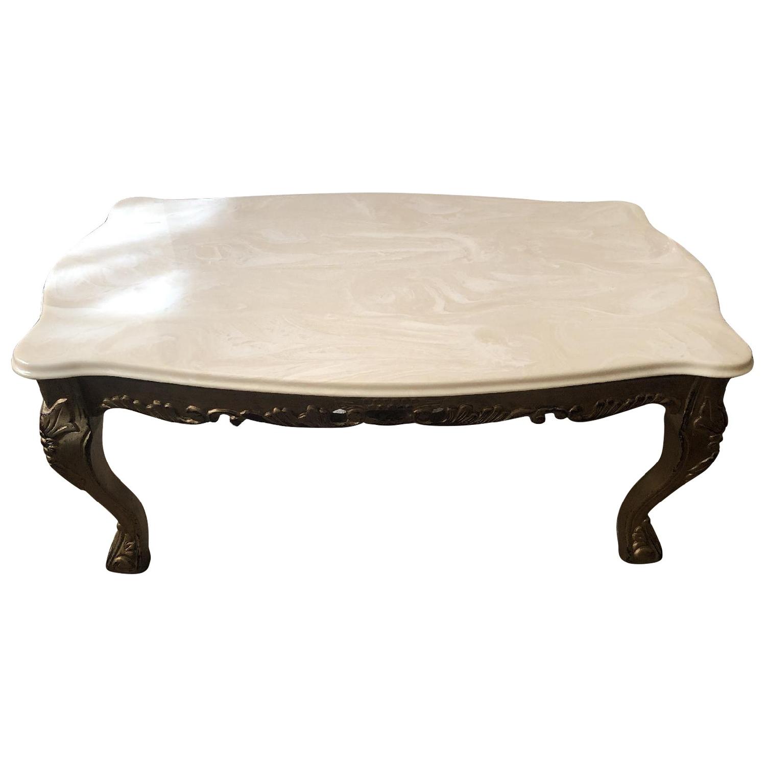 Antique Solid Marble Top Coffee Table w/ Wood Legs AptDeco