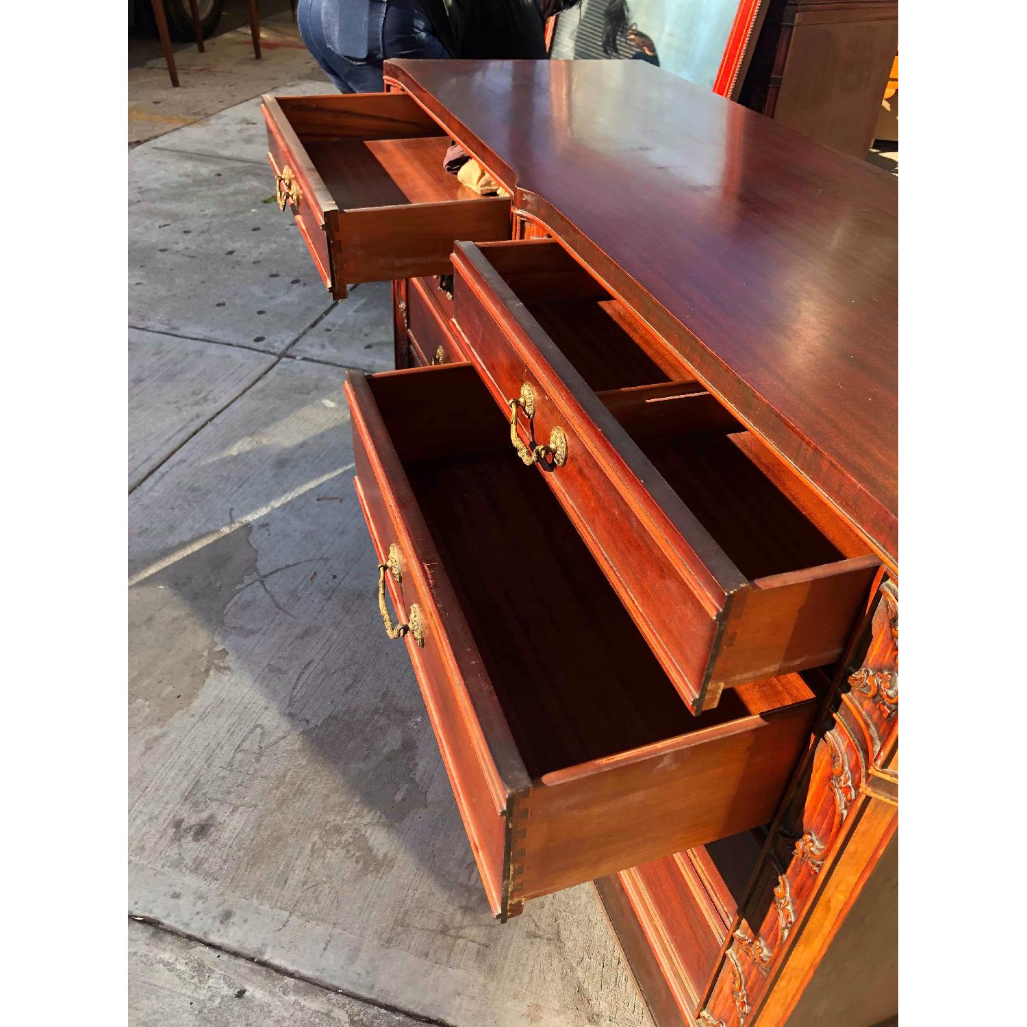 Antique 1930s Cherry Wood Leather Front 8 Drawer Dresser - image-10