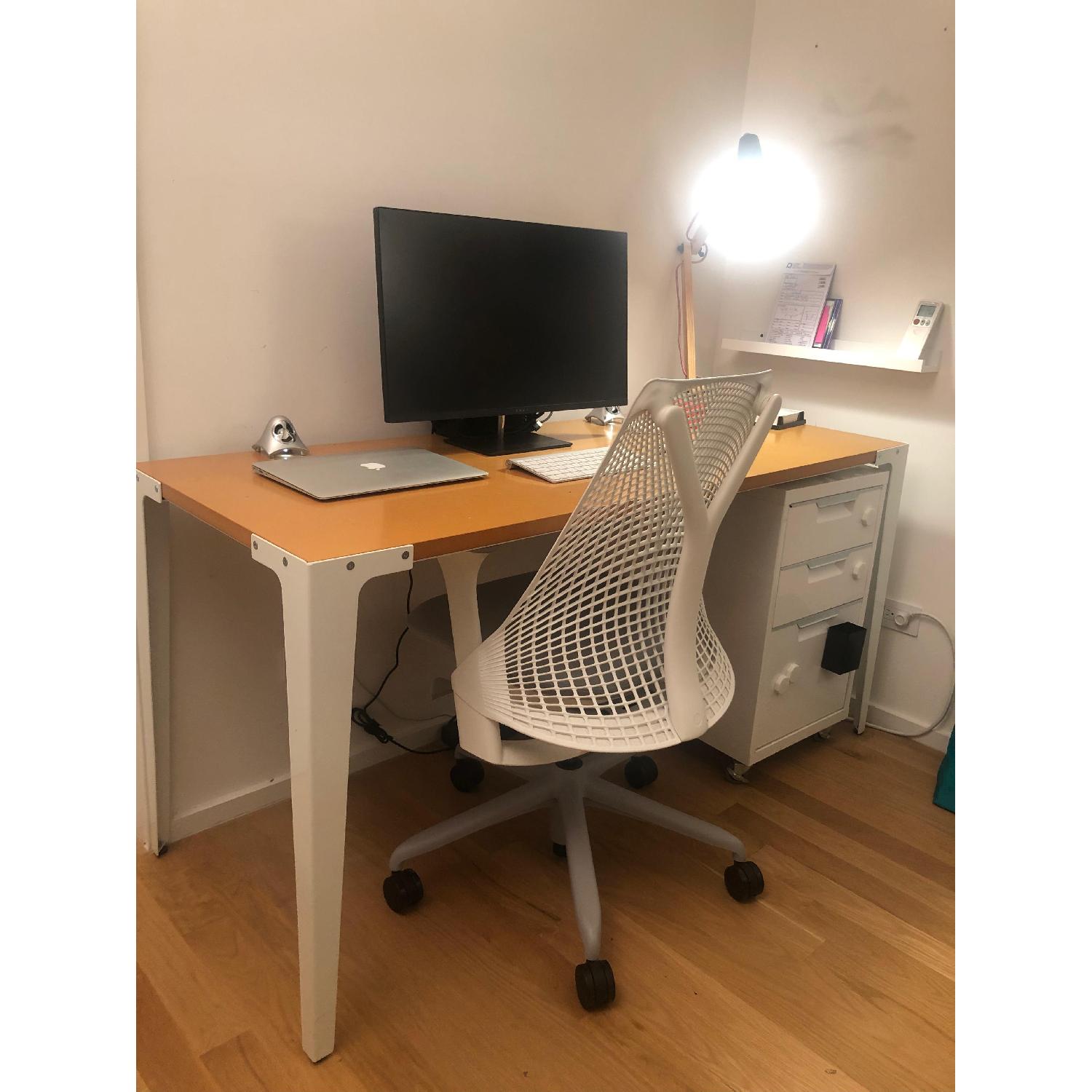 CB2 Wood Fold Desk w/ Powder Coated White Metal - image-1