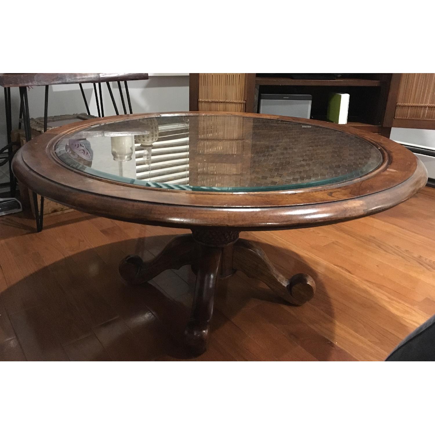 Round Wood Coffee Table w/ Glass Top - image-1