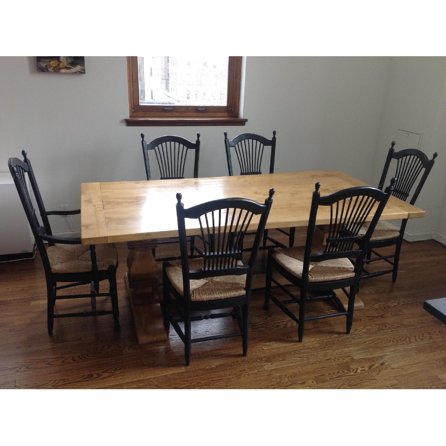French Country Farm Style Trestle Table w/ 6 Chairs - image-1
