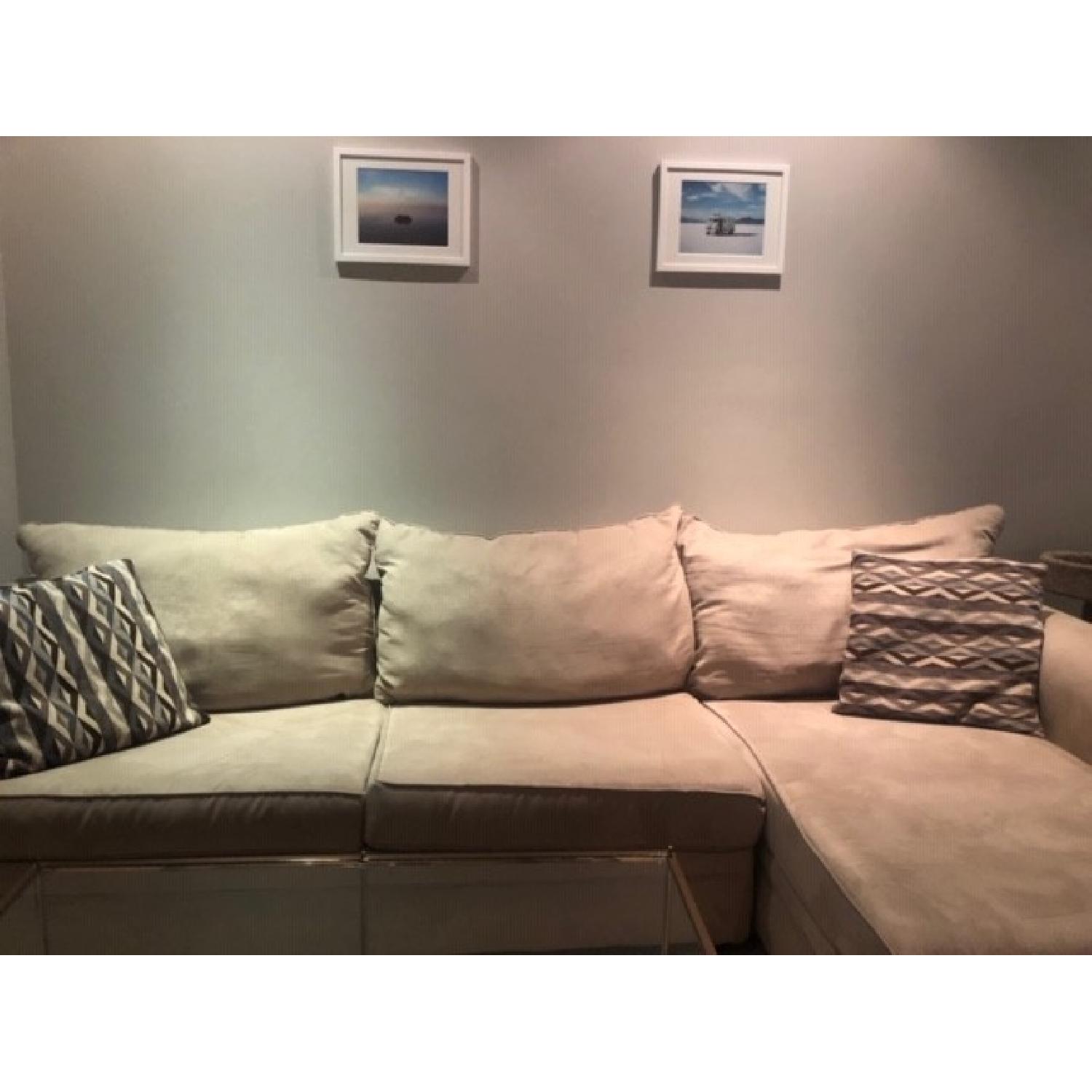 Bob's Venus Beige Suede Sectional Sofa AptDeco