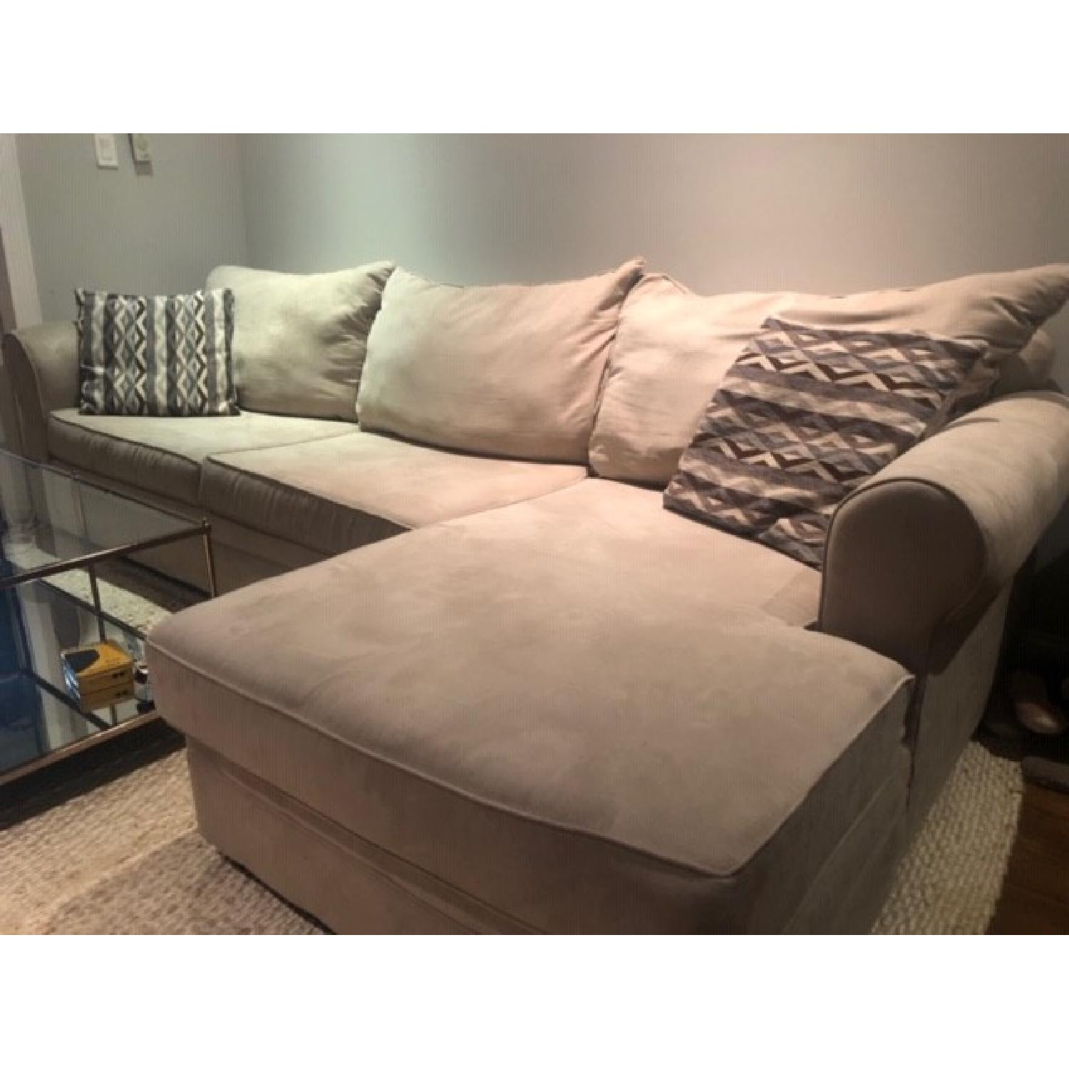 Bob's Venus Beige Suede Sectional Sofa AptDeco