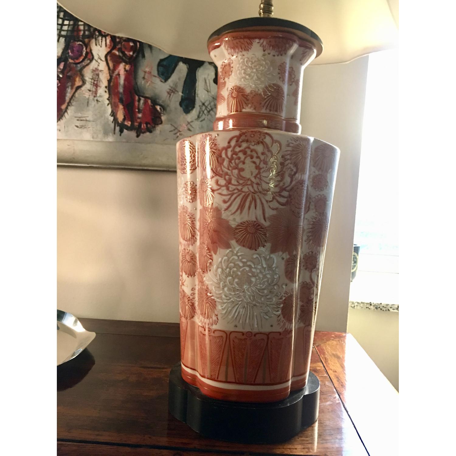 Chinese Porcelain Early 70's Lamp w/ Pagoda Silk Shade - image-2