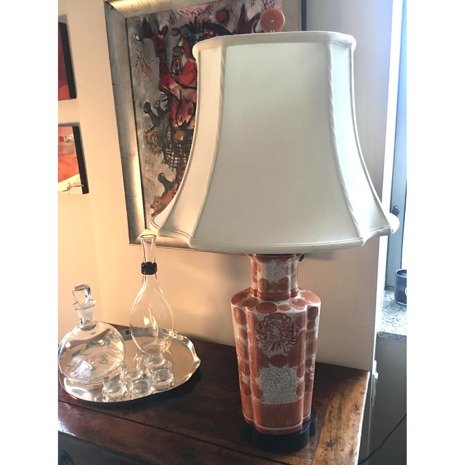 Chinese Porcelain Early 70's Lamp w/ Pagoda Silk Shade - image-4